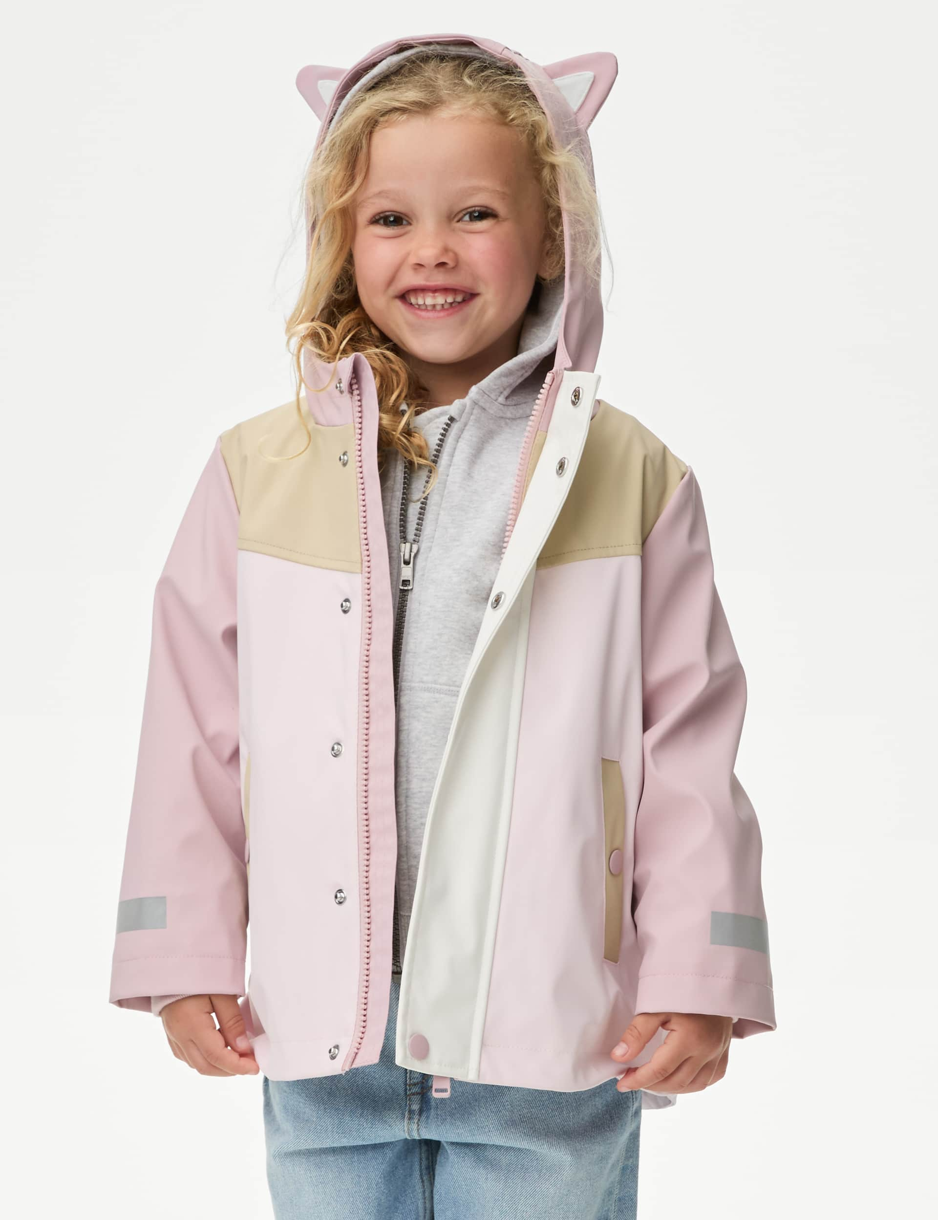 M&S Girls Kitten Ear Colour Block Fisherman Coat (2-8 Yrs) - 5-6 Y - Pink Mix, Pink Mix