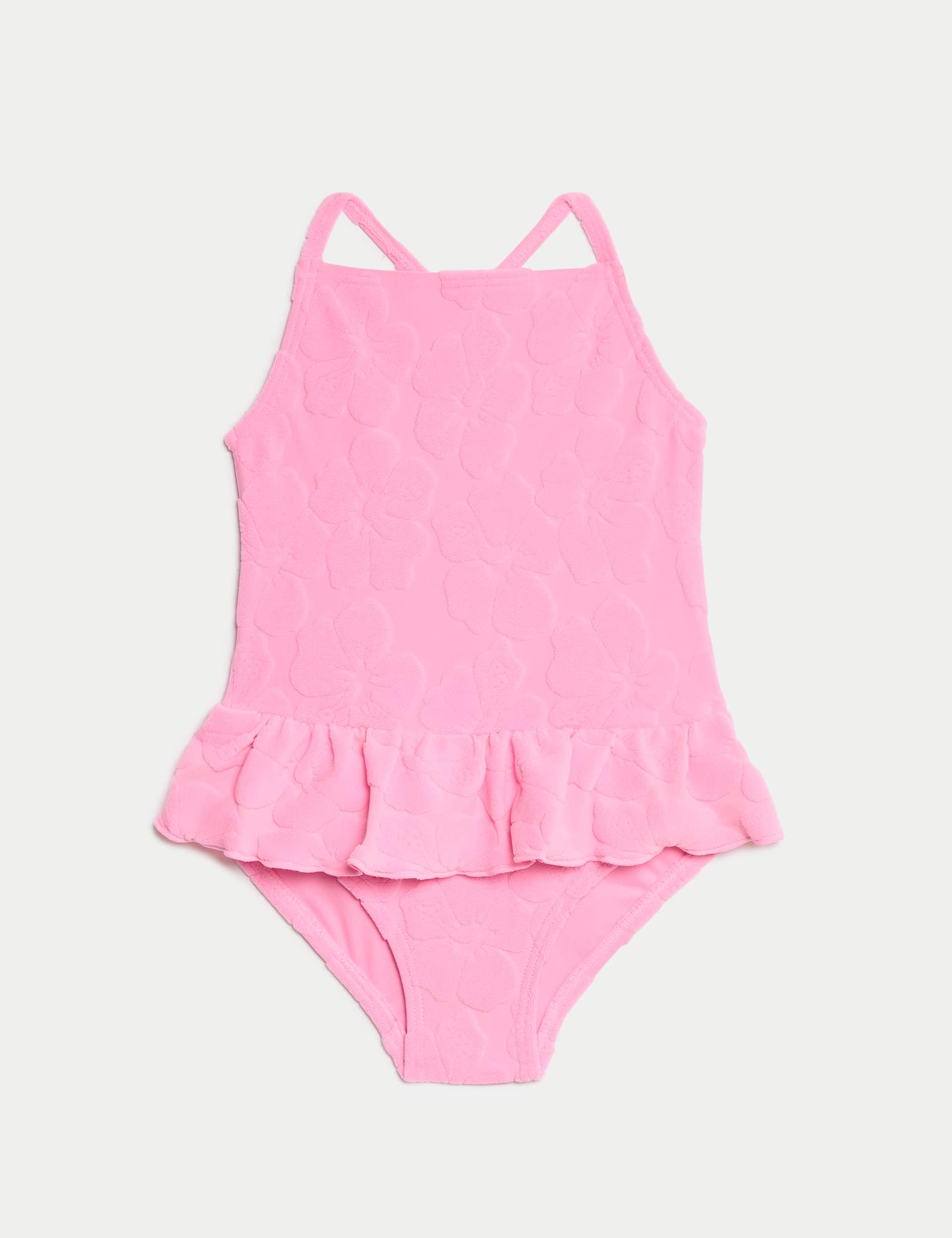 M&S Collection Girls Floral Textured Frill Swimsuit (2-8 Yrs) - 7-8 Y - Pink, Pink