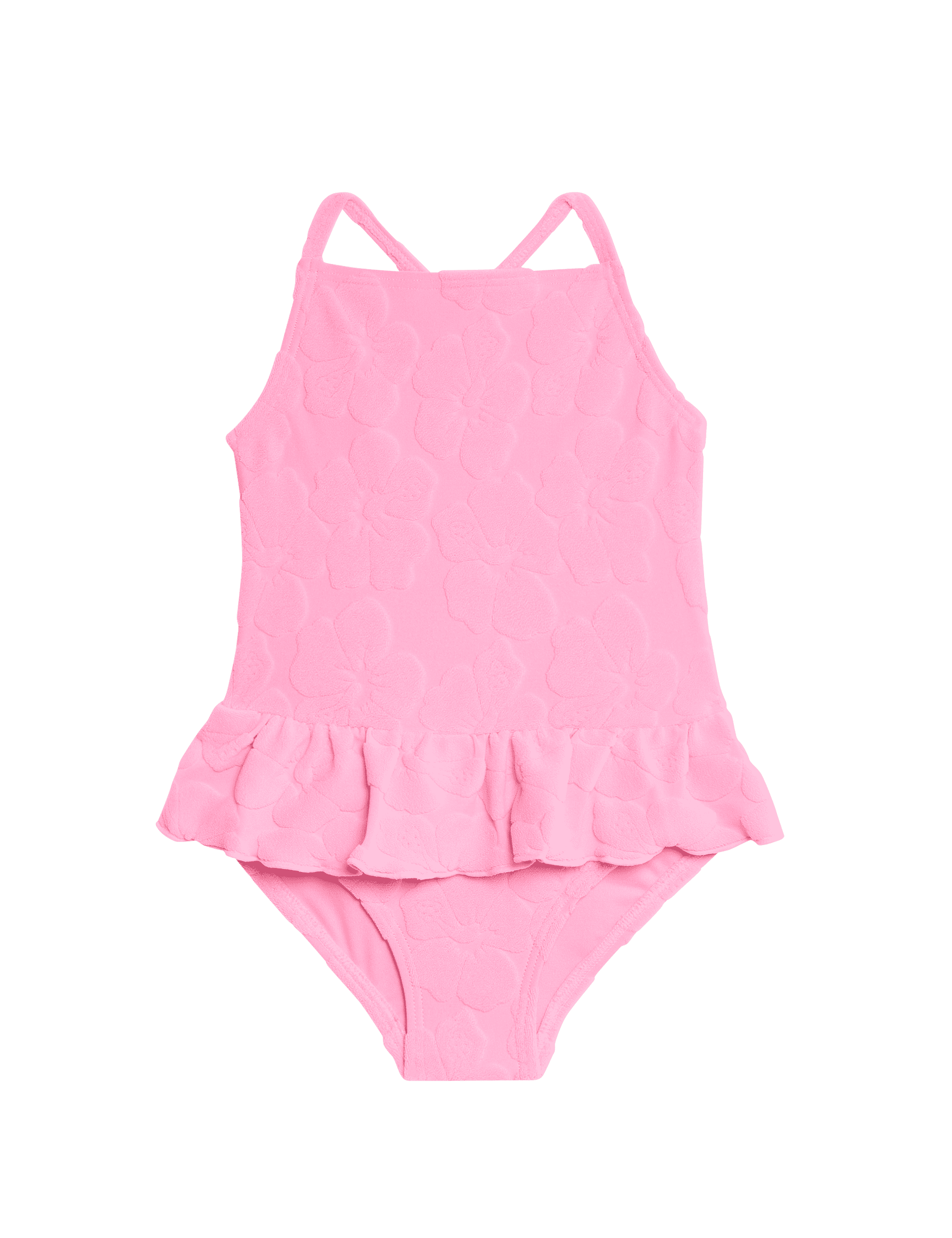 M&S Collection Girls Floral Textured Frill Swimsuit (2-8 Yrs) - 7-8 Y - Pink, Pink