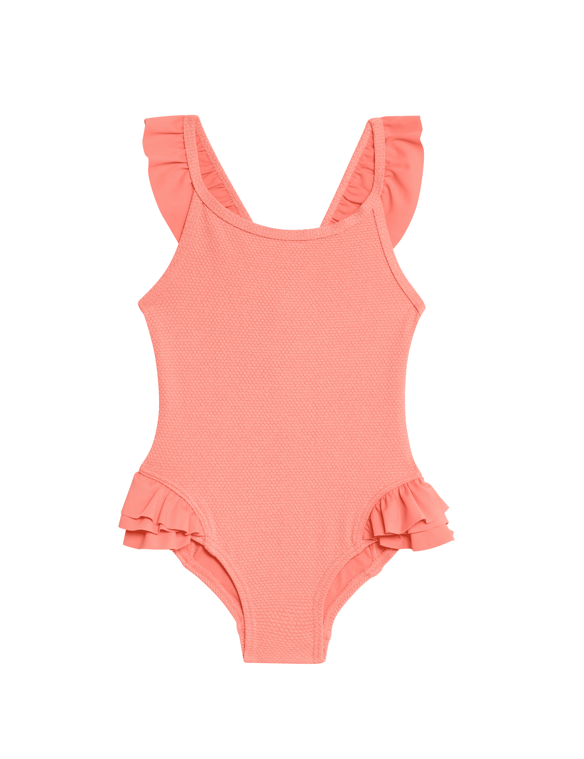 M&S Collection Girls Textured Sparkle Frill Swimsuit (2-8 Yrs) - 7-8 Y - Coral, Coral