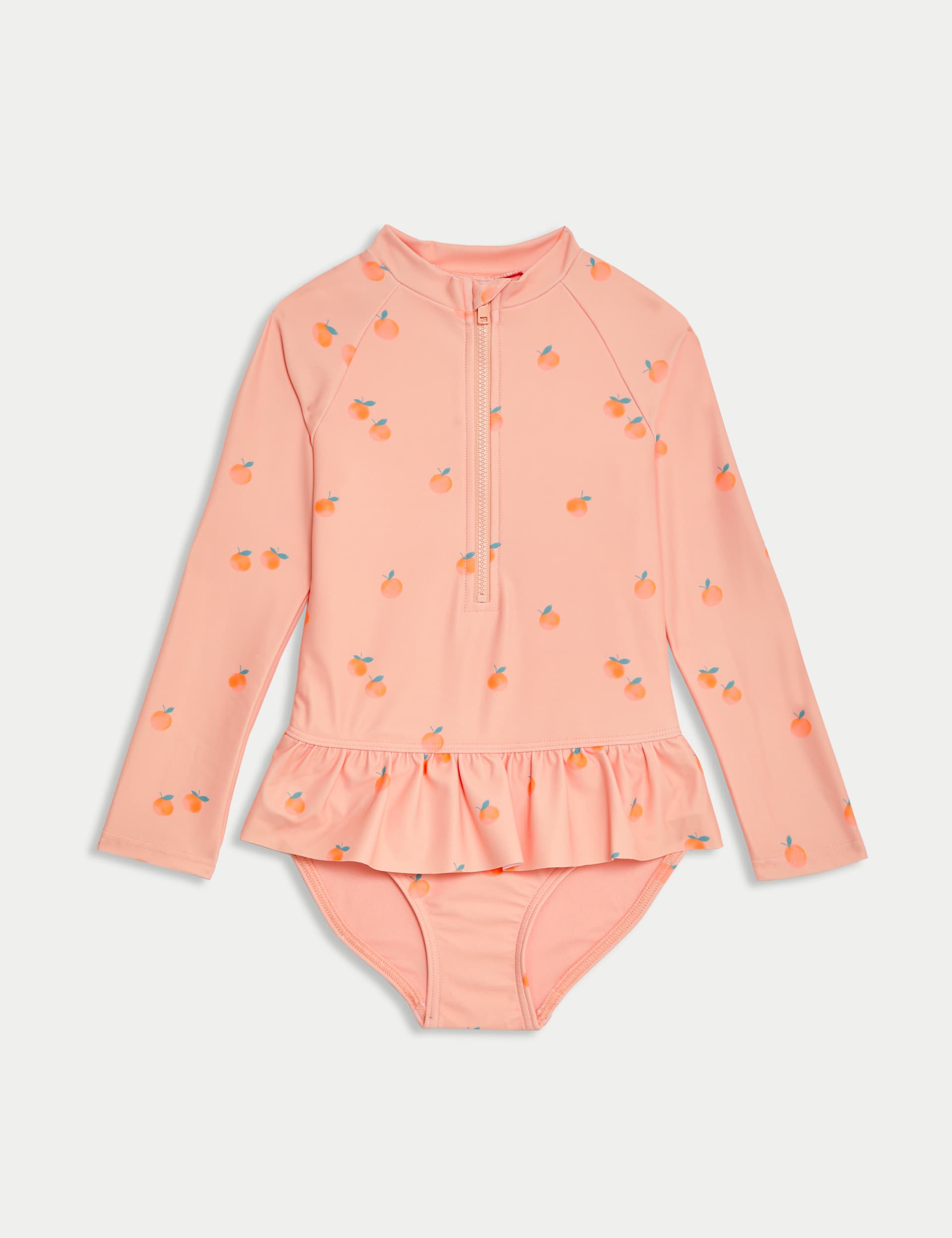 M&S Collection Girls Orange 3/4 Sleeve Swimsuit (2-8 Yrs) - 5-6 Y - Orange Mix, Orange Mix