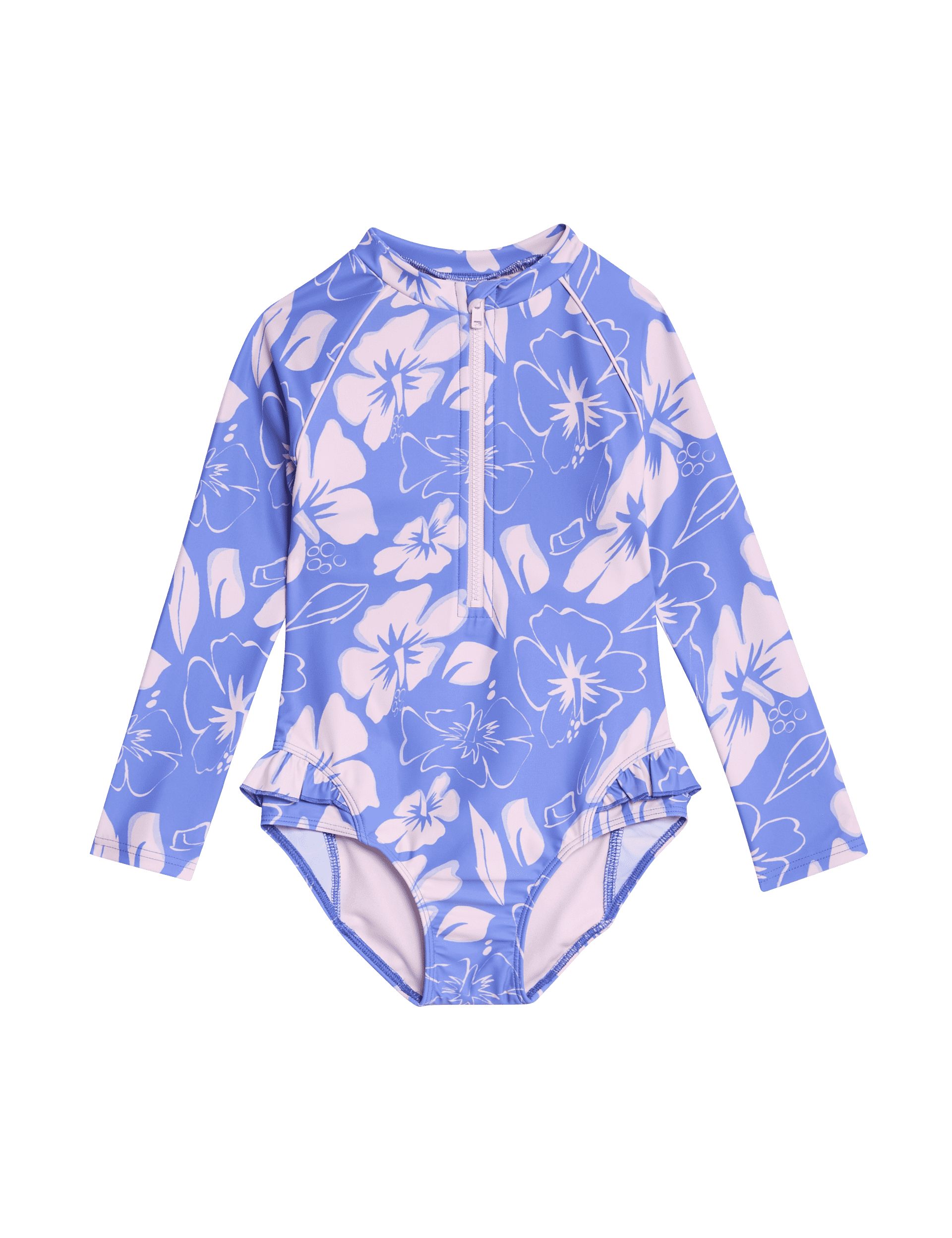 M&S Collection Girls Floral Print Long Sleeve Swimsuit (2-8 Yrs) - 3-4 Y - Blue Mix, Blue Mix