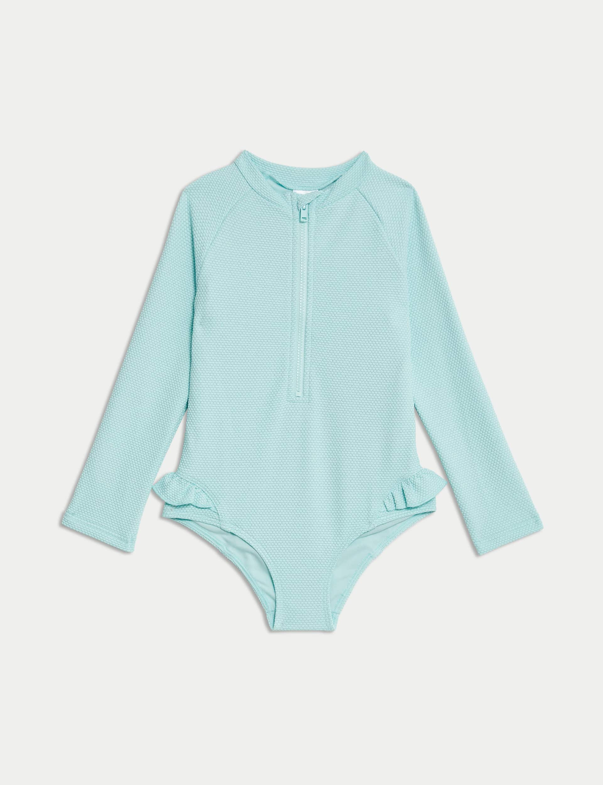 M&S Collection Girls Textured Long Sleeve Swimsuit (2-8 Yrs) - 3-4 Y - Light Aqua, Light Aqua