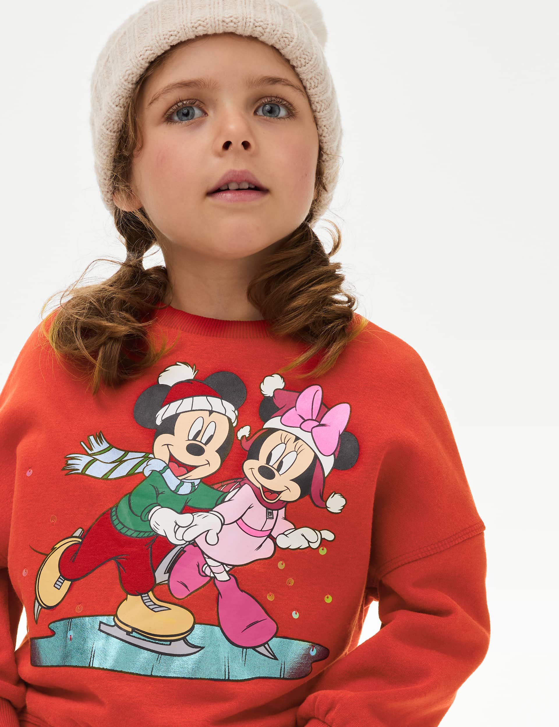 M&S Girls Cotton Rich Minnie & Mickey Mouse Christmas Sweatshirt (2-8 Yrs) - 4-5 Y - Red, Red