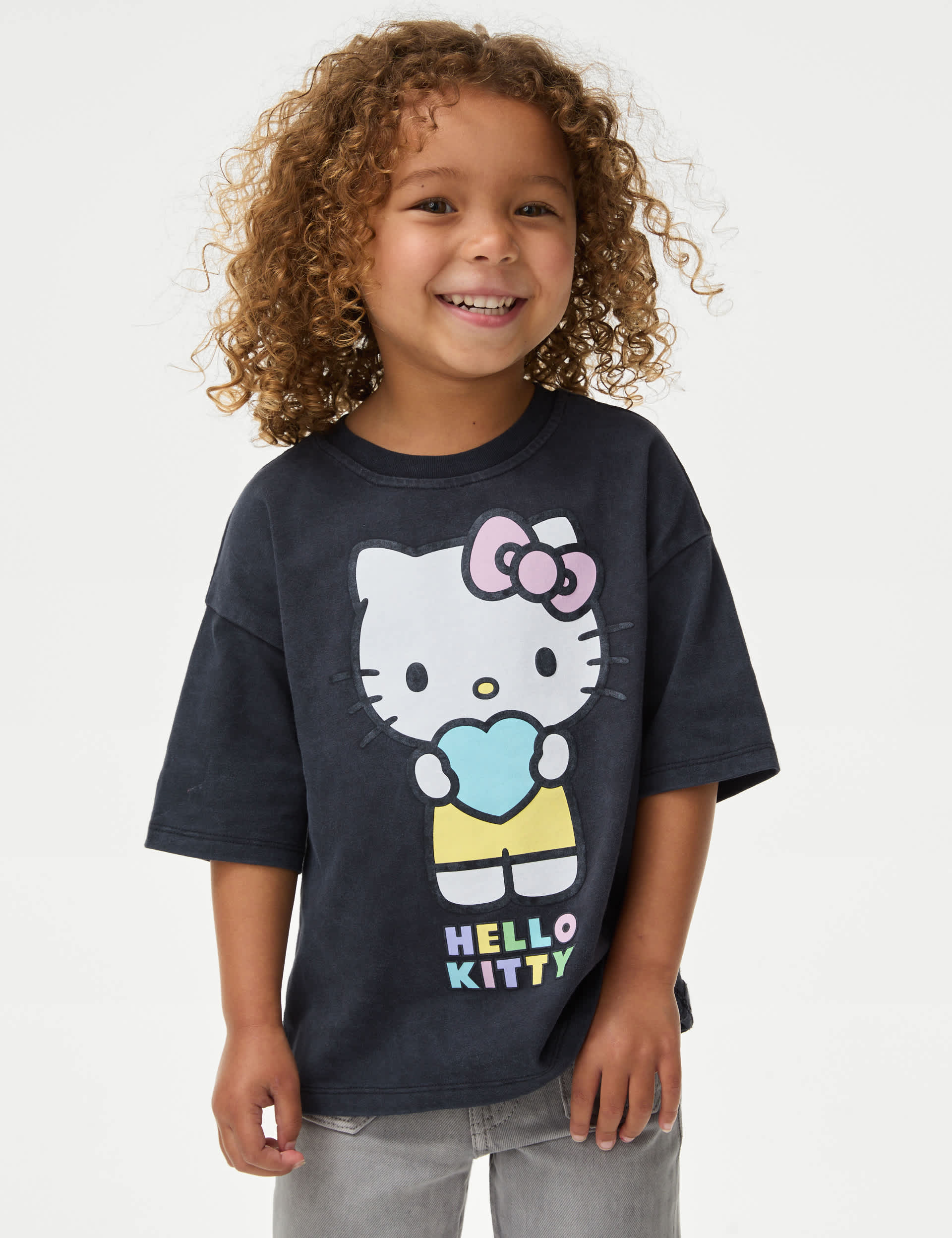 M&S Girls Pure Cotton Hello Kitty T-Shirt (2-8 Yrs) - 4-5 Y - Carbon, Carbon