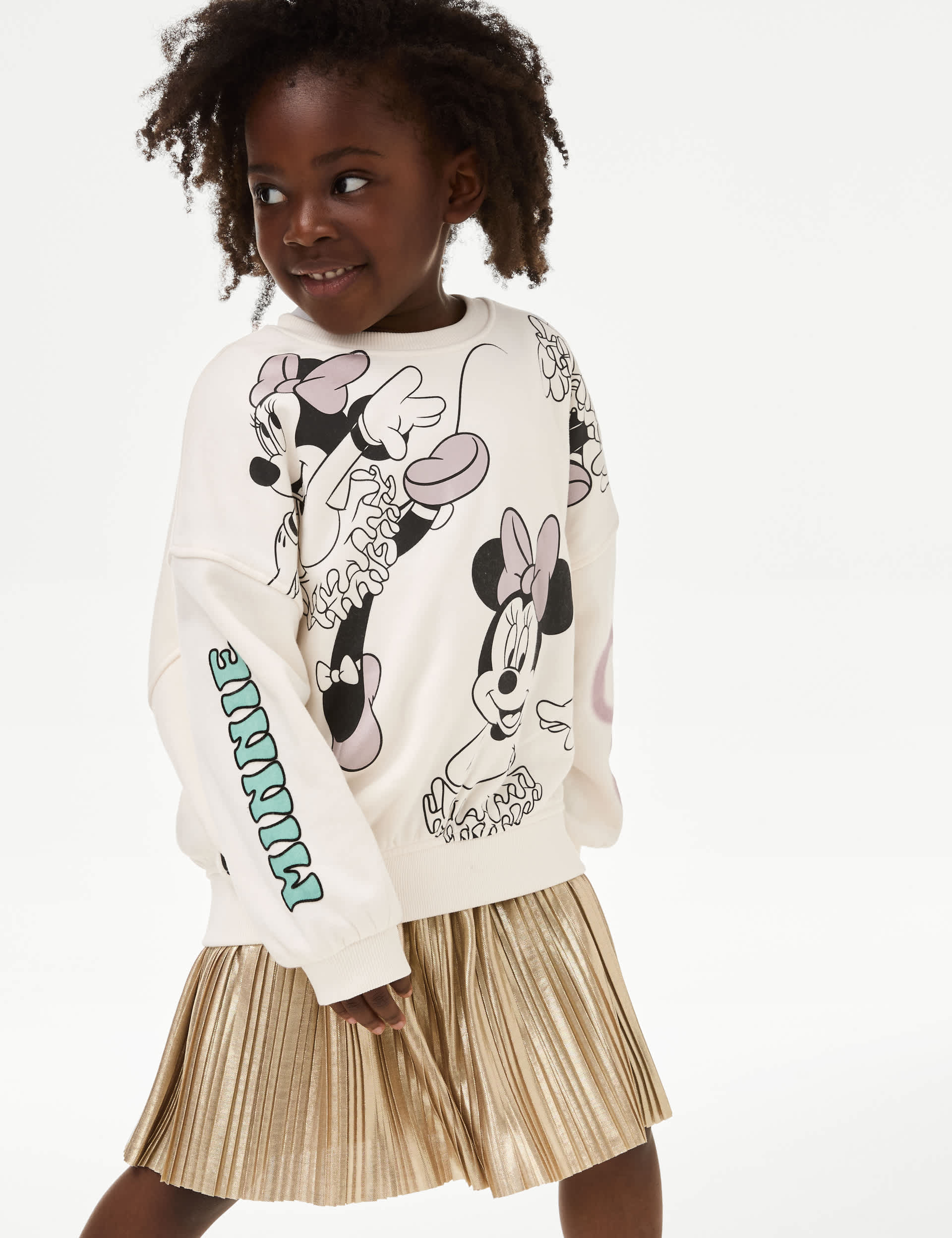 M&S Girls Cotton Rich Minnie Mouse Sweatshirt (1-8 Yrs) - 6-7 Y - Ecru Mix, Ecru Mix