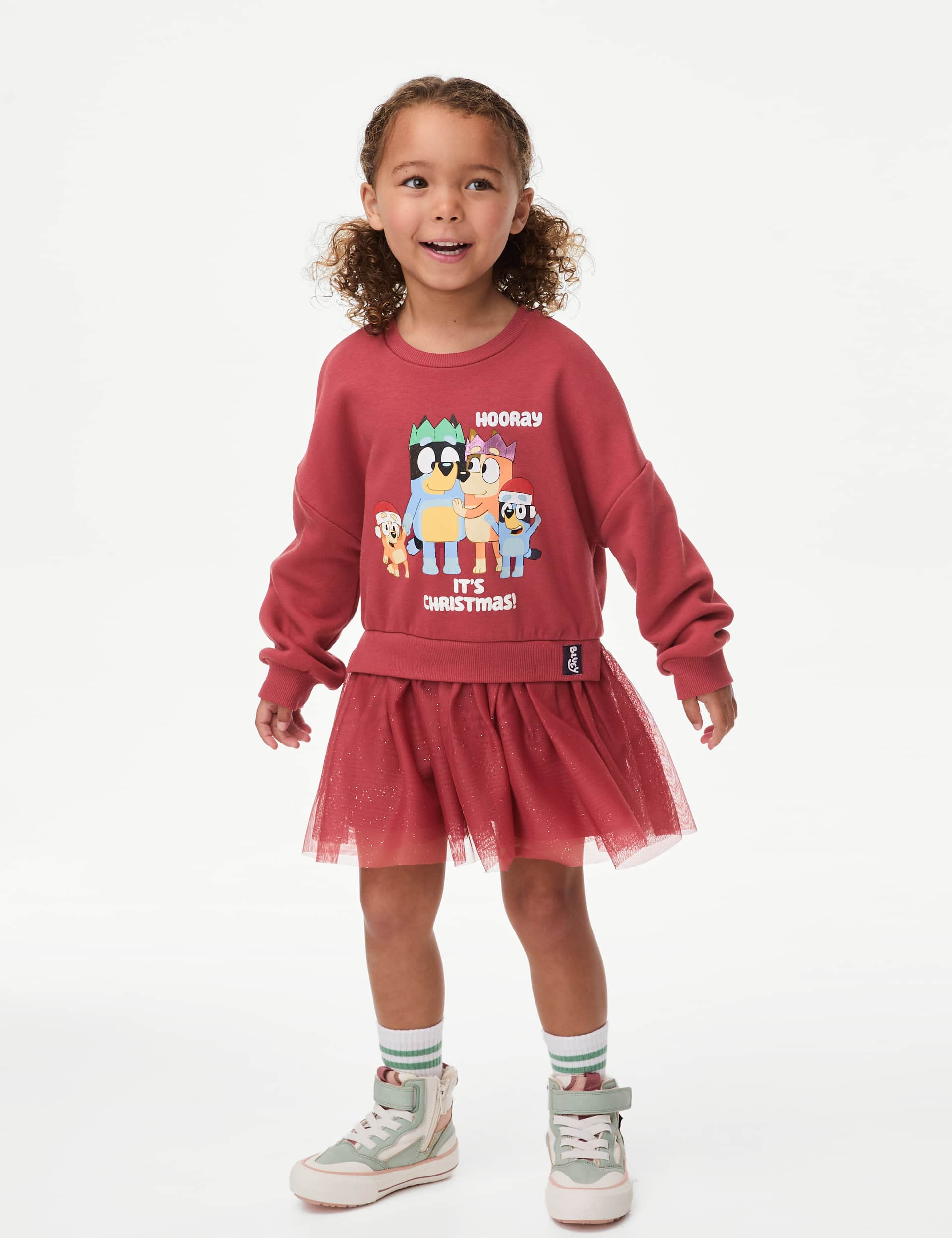 M&S Girls Cotton Rich Bluey Sweatshirt Dress (2-8 Yrs) - 4-5 Y - Red Mix, Red Mix