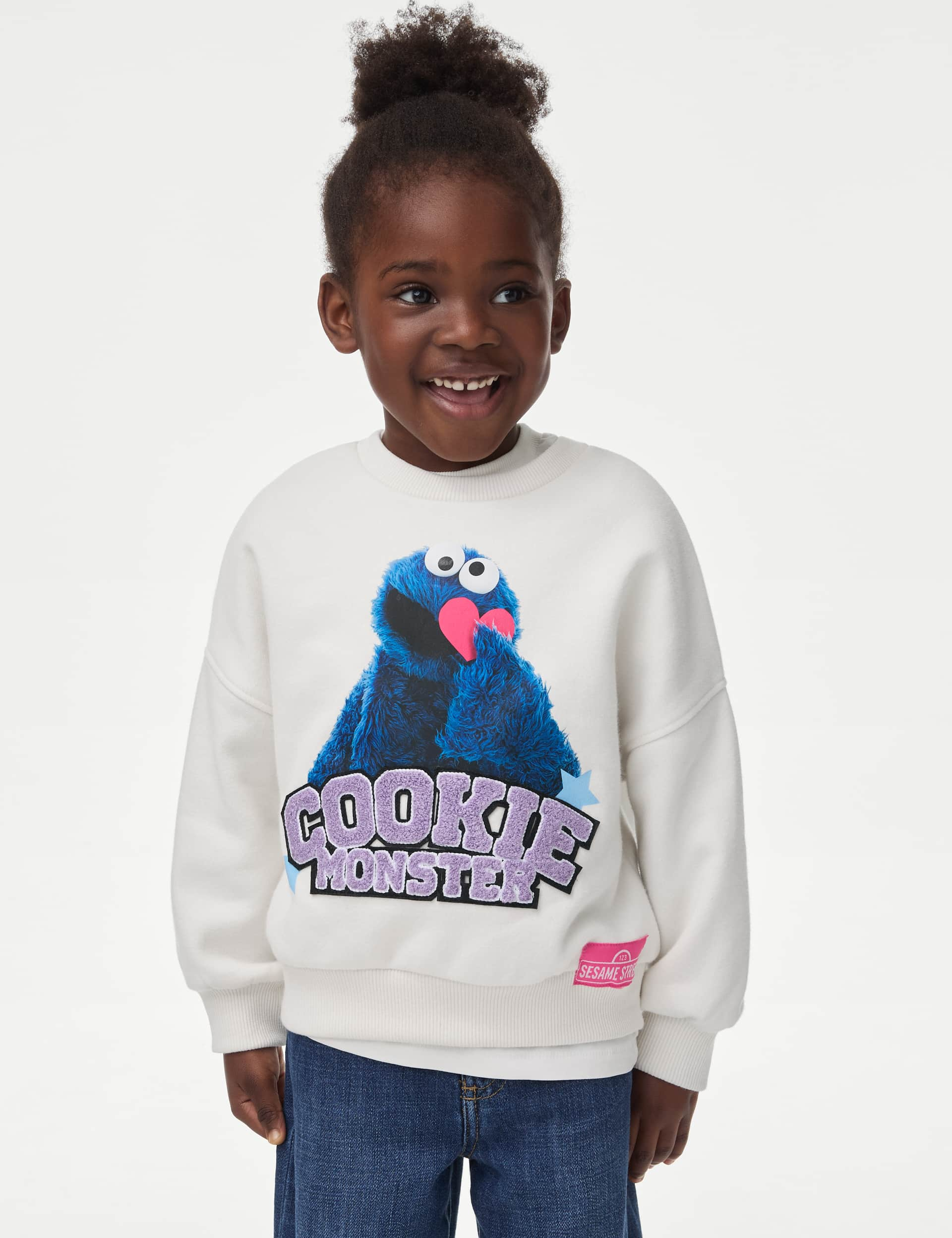 M&S Collection Girls Cotton Rich Cookie Monster Sweatshirt (2-8 Yrs) - 4-5 Y - Ecru, Ecru