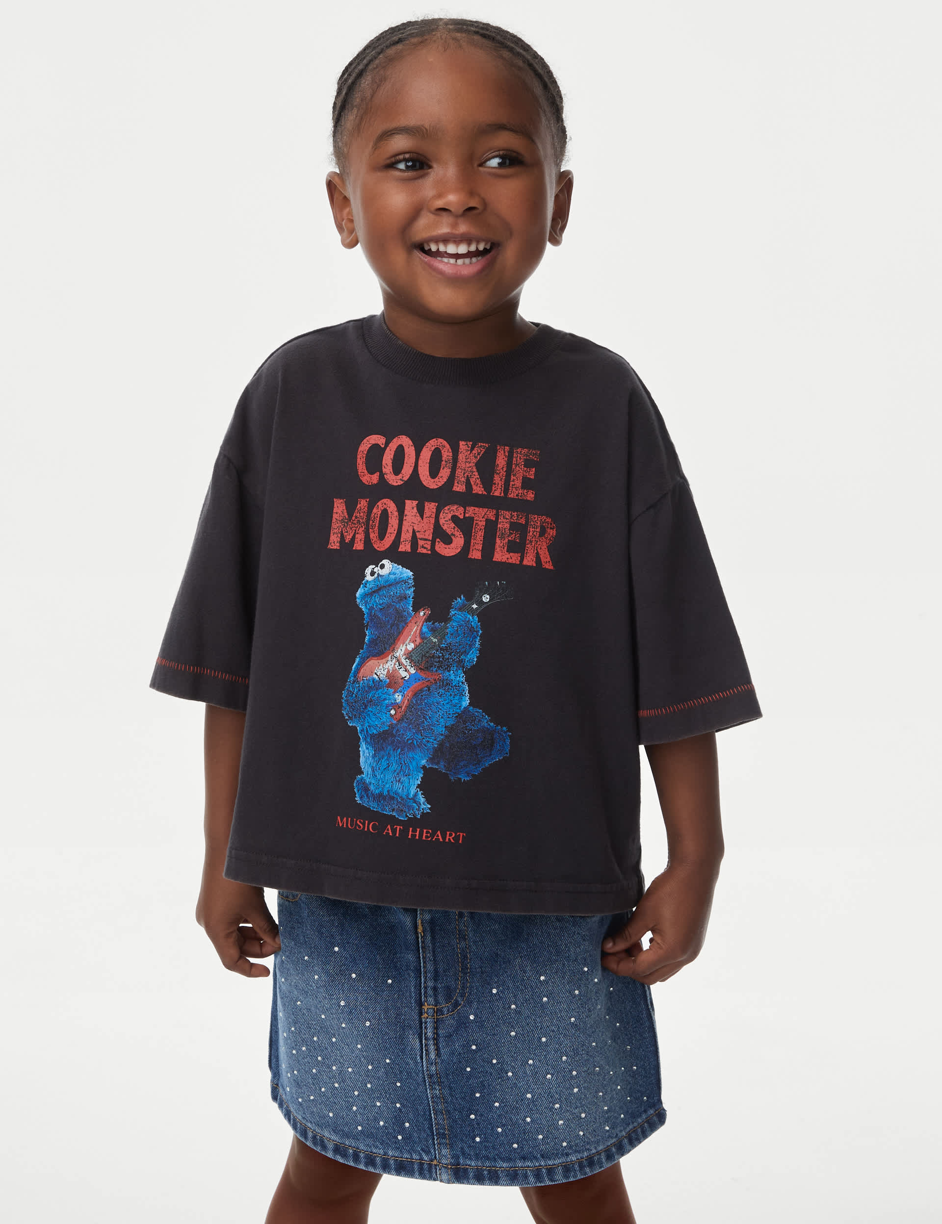 M&S Collection Girls Pure Cotton Cookie Monster T-Shirt (2-8 Yrs) - 6-7 Y - Carbon, Carbon