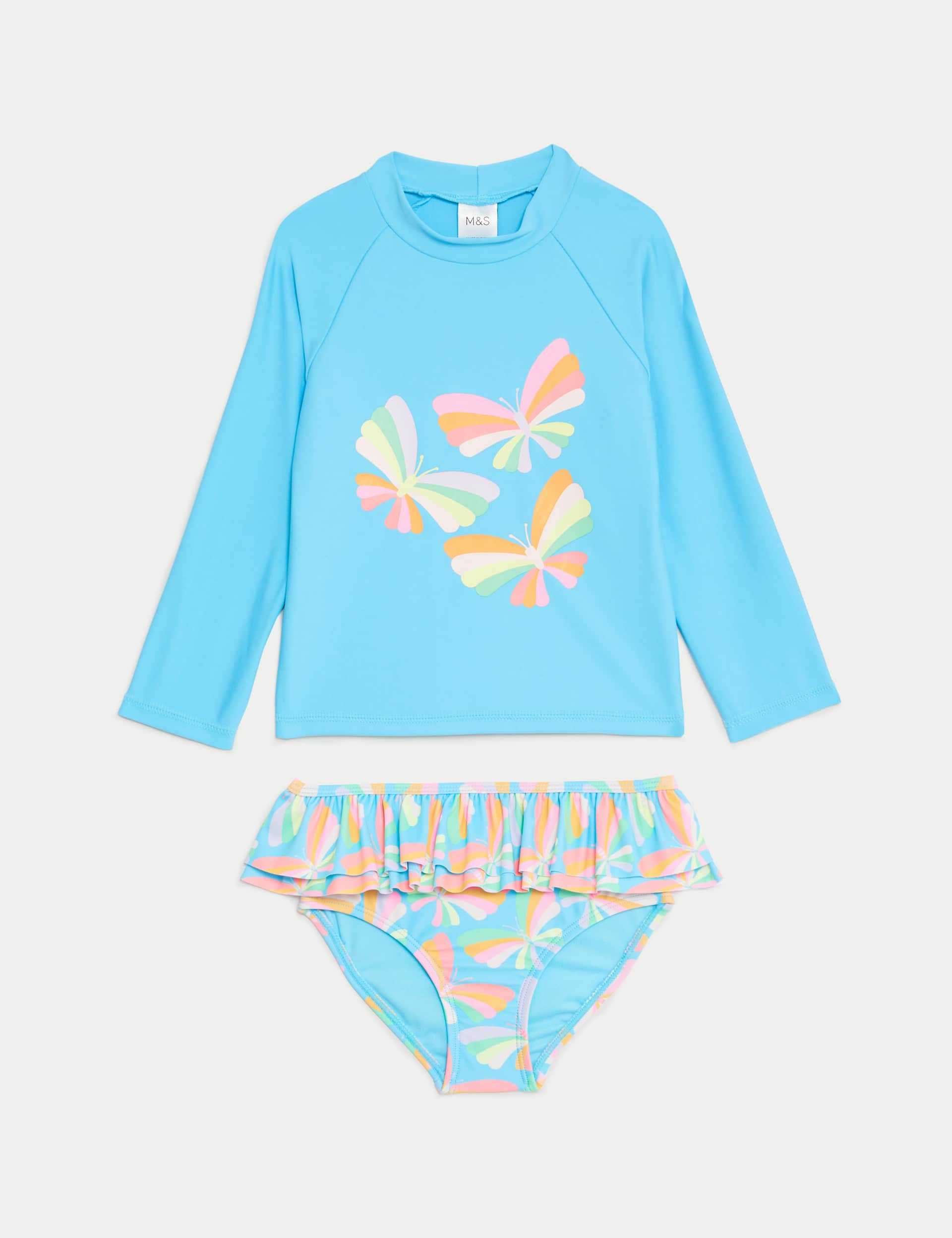 M&S Girls 2pc Butterfly Rash Vest Swim Set (2-8 Yrs) - 2-3 Y - Blue Mix, Blue Mix