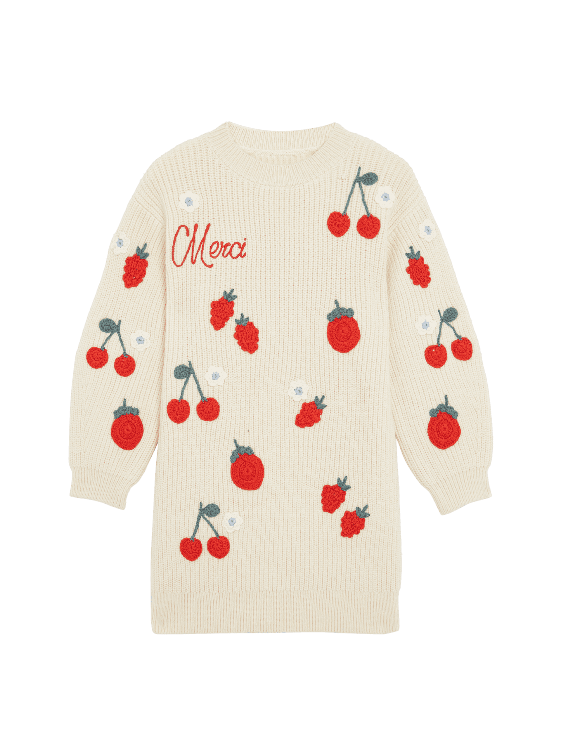 M&S Collection Girls Cotton Blend Fruit Knitted Dress (2-8 Yrs) - 3-4 Y - Ecru Mix, Ecru Mix