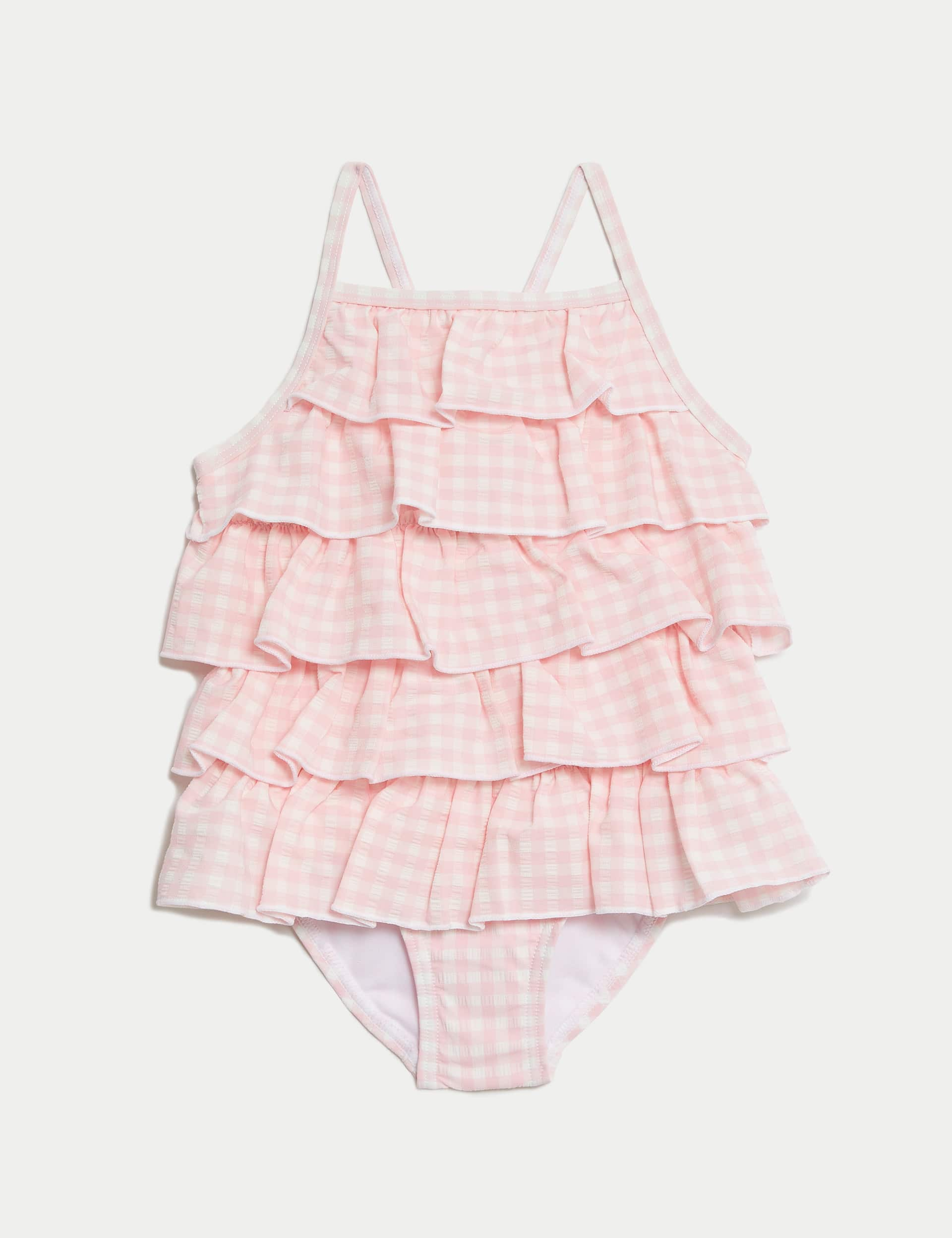 M&S Girls Seersucker Gingham Frill Swimsuit (2-8 Yrs) - 5-6 Y - Pink Mix, Pink Mix