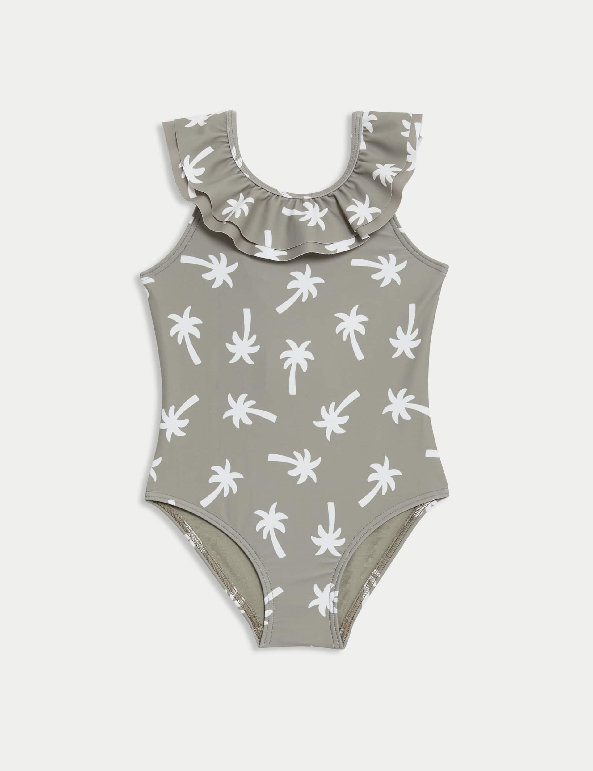 M&S Girls Palm AOP Swimsuit (2-8 Yrs) - 5-6 Y - Green Mix, Green Mix