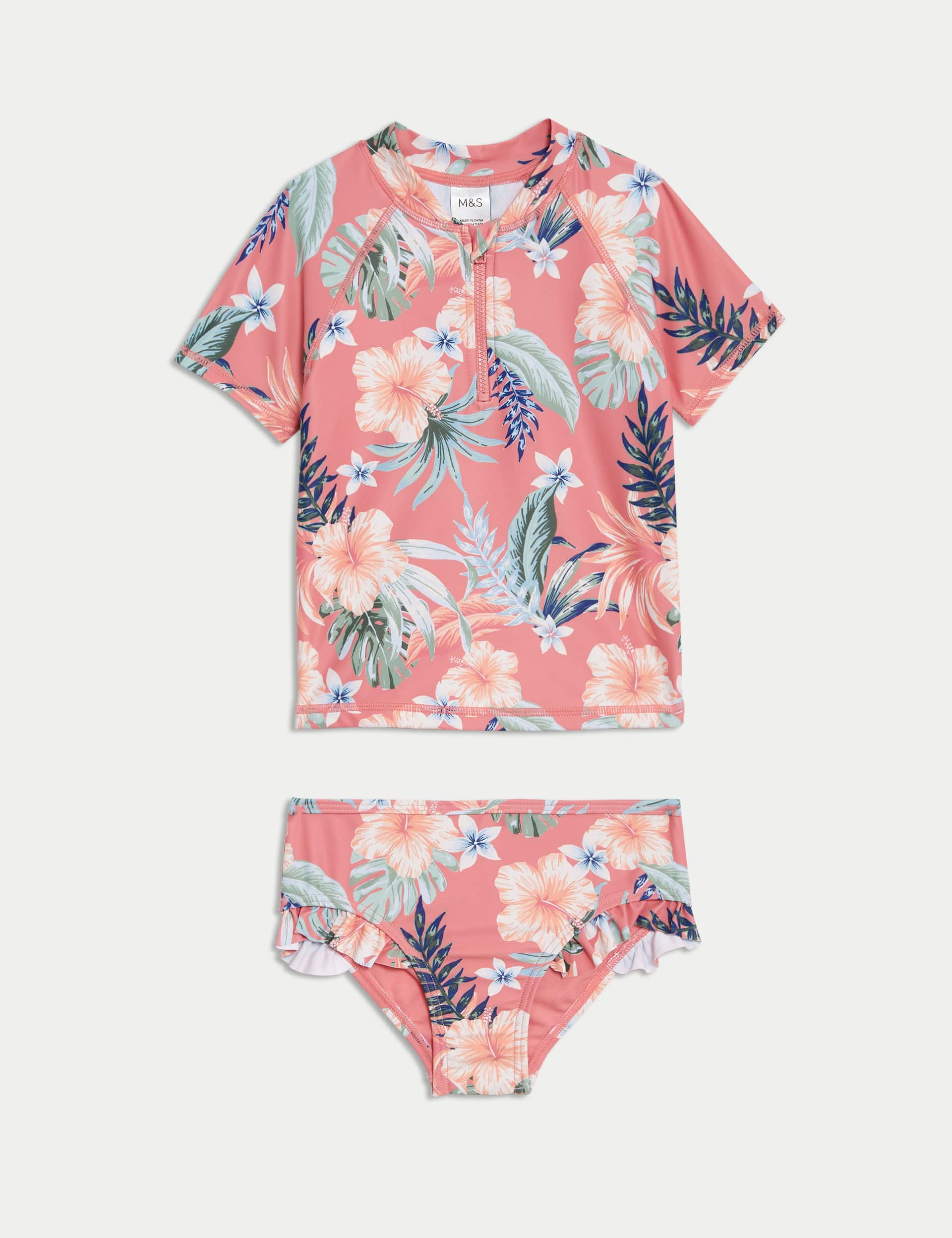 M&S Girls 2pc Tropical Floral Rash Vest Set (2-8 Yrs) - 3-4 Y - Coral, Coral