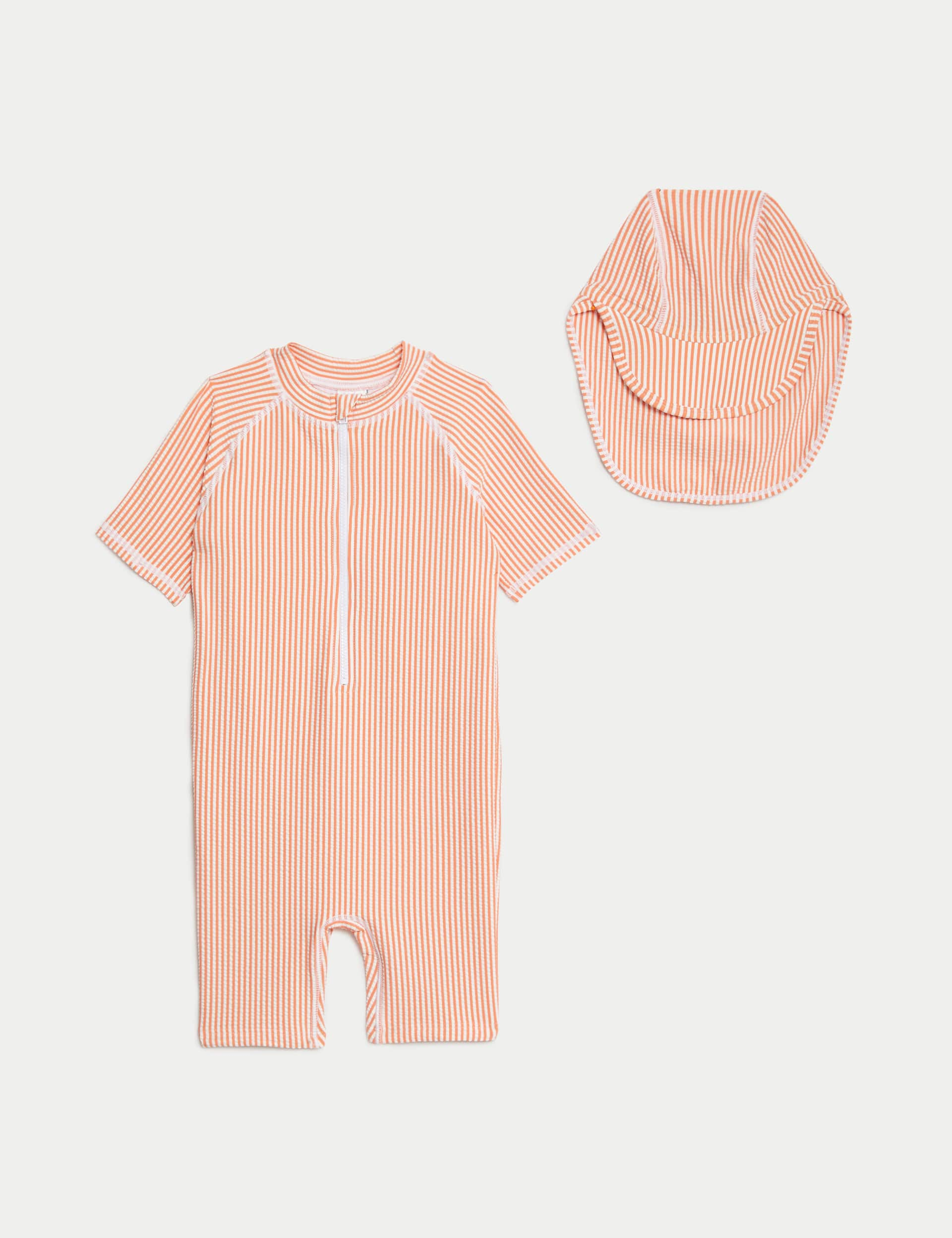 M&S 2pc Seersucker Swimsuit and Hat Set (2-8 Yrs) - 3-4 Y - Coral, Coral