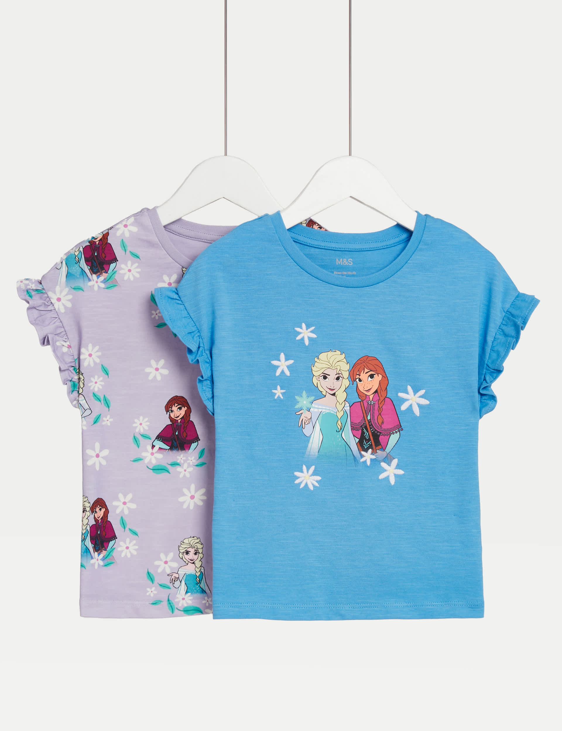 M&S Girls 2pk Pure Cotton Frozen T-Shirts (2-8 Yrs) - 7-8 Y - Blue Mix, Blue Mix