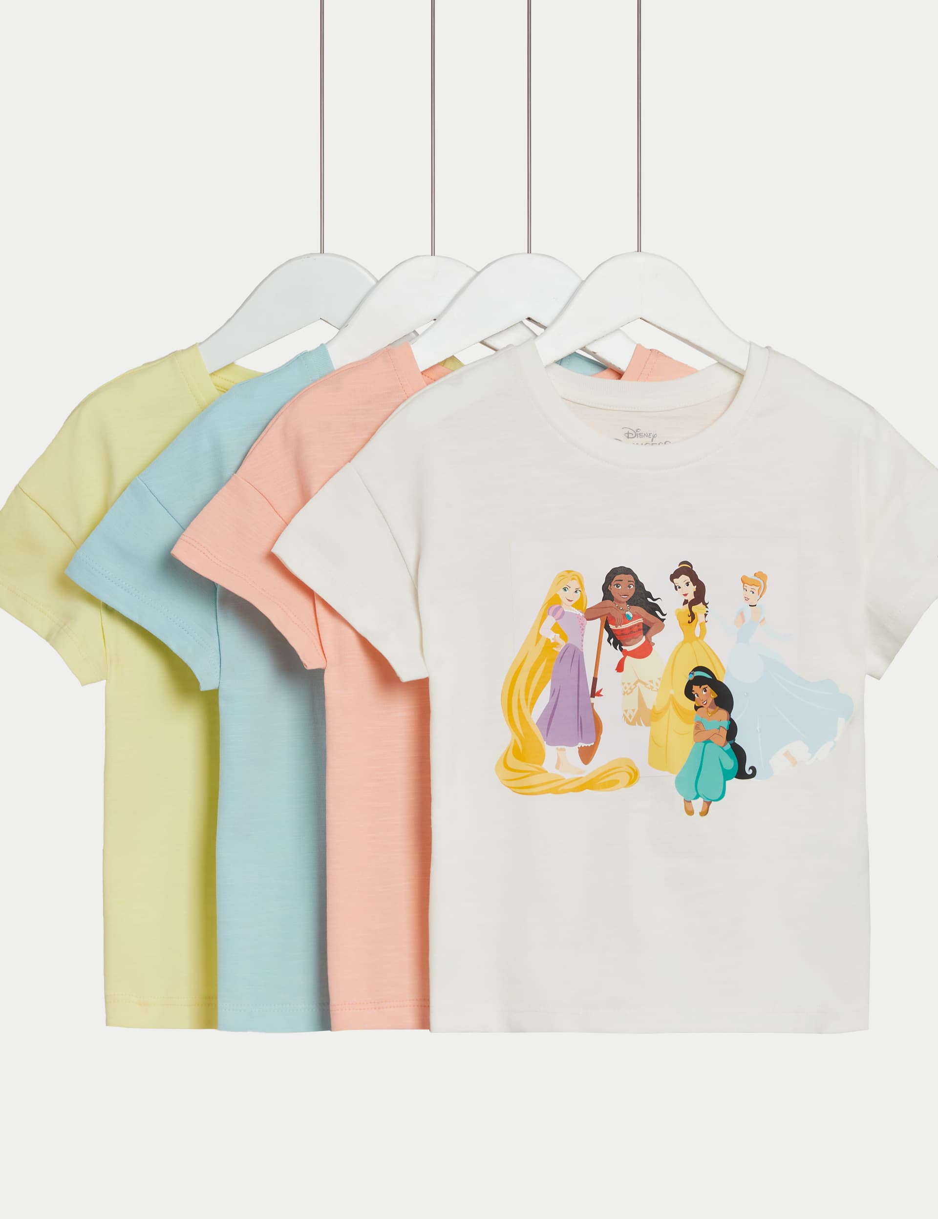 M&S Girls 4pk Pure Cotton Disney Princess T-Shirts (2-8 Yrs) - 6-7 Y - Multi, Multi