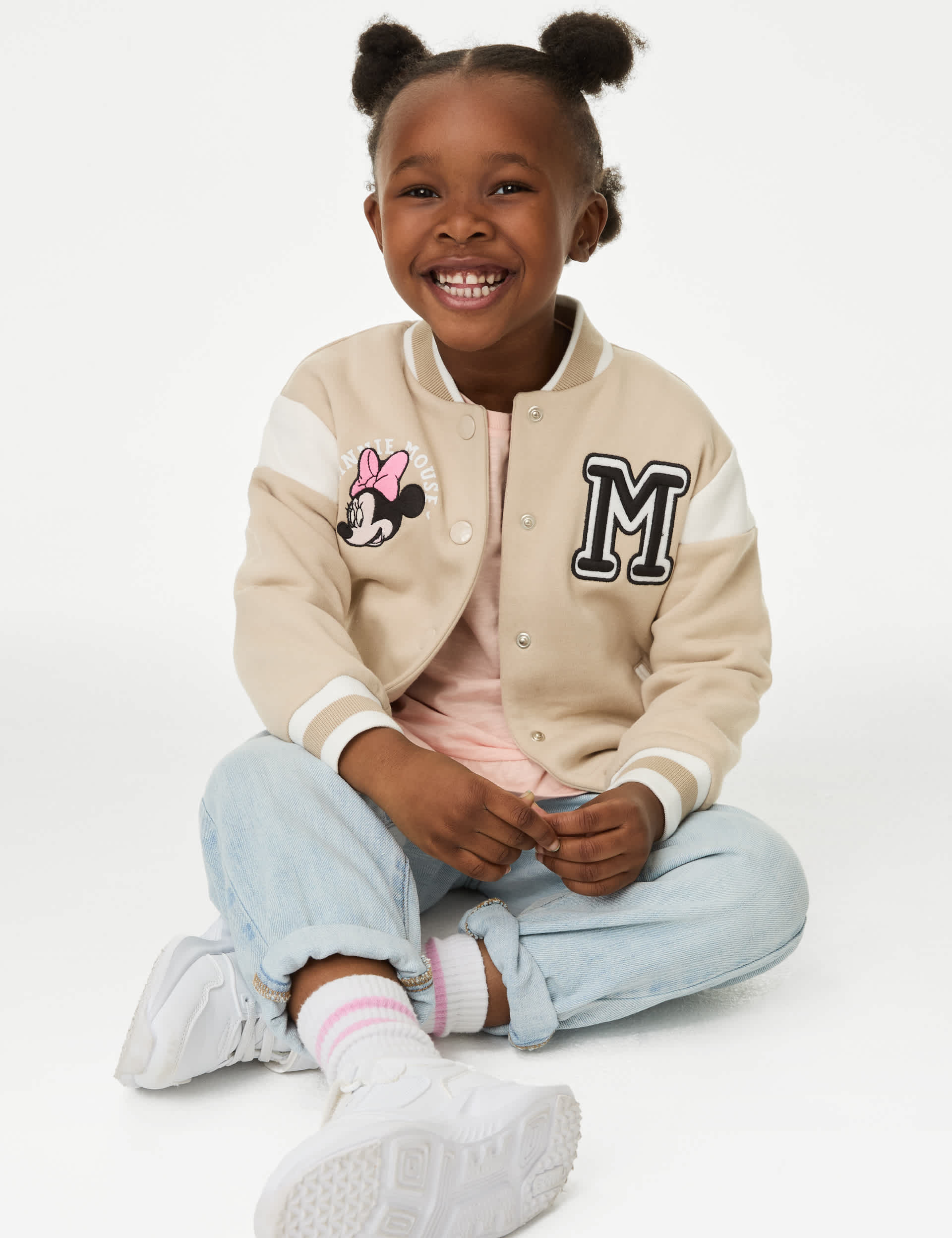 M&S Girls Cotton Rich Minnie Mouse Bomber (2-8 Yrs) - 4-5 Y - Ecru Mix, Ecru Mix