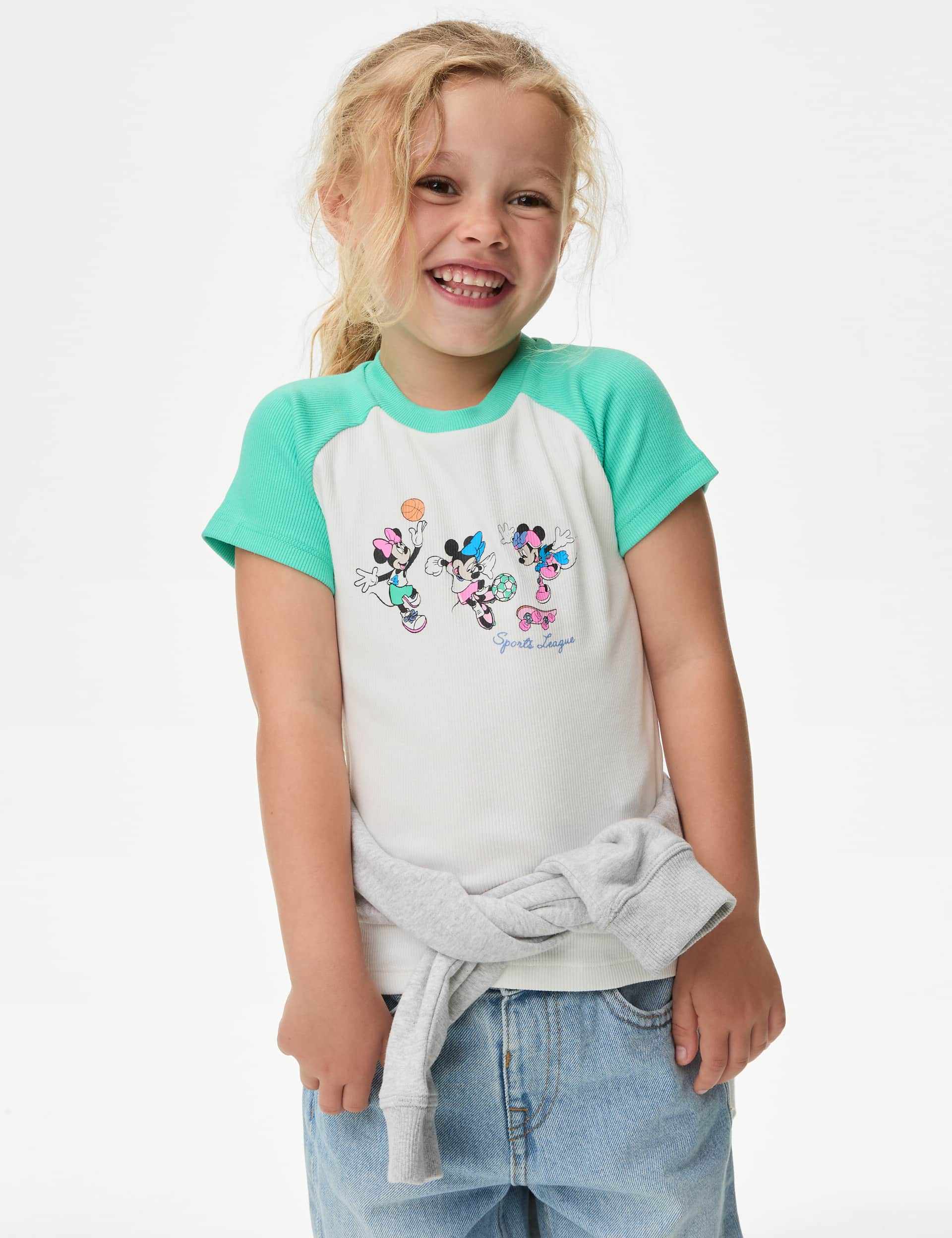 M&S Girls Cotton Rich Minnie Mouse T-Shirt (2-8 Years) - 3-4 Y - Green Mix, Blue Mix,Green Mix