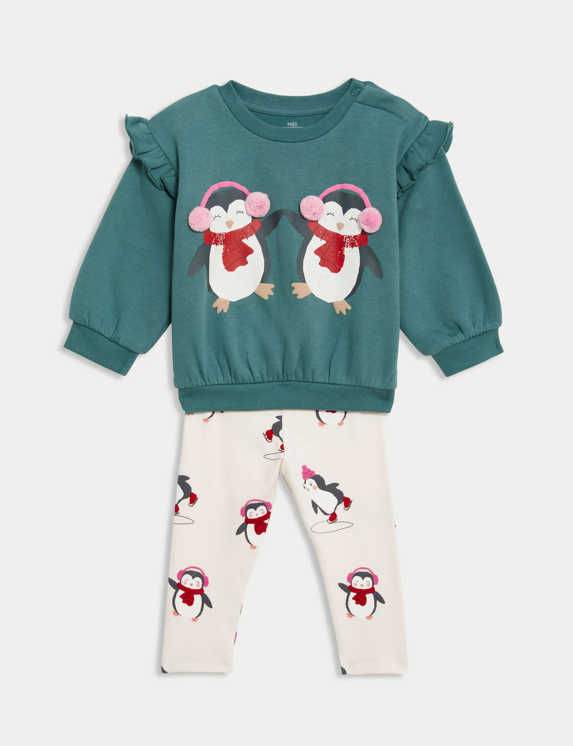 M&S Girls 2pc Cotton Rich Penguin Outfit (0-3 Yrs)