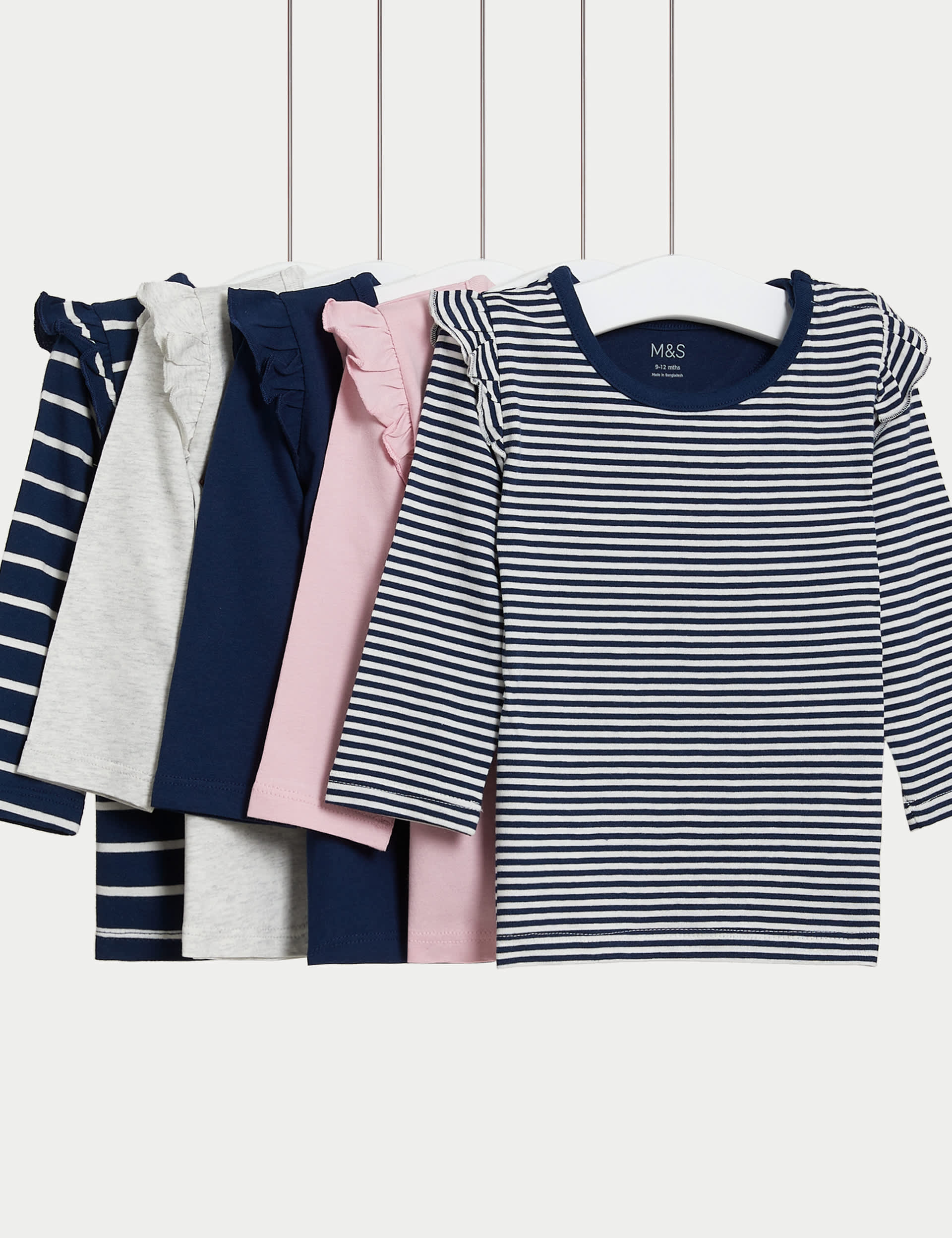 M&S Girls 5pk Pure Cotton Striped & Plain Tops (0-3 Yrs)