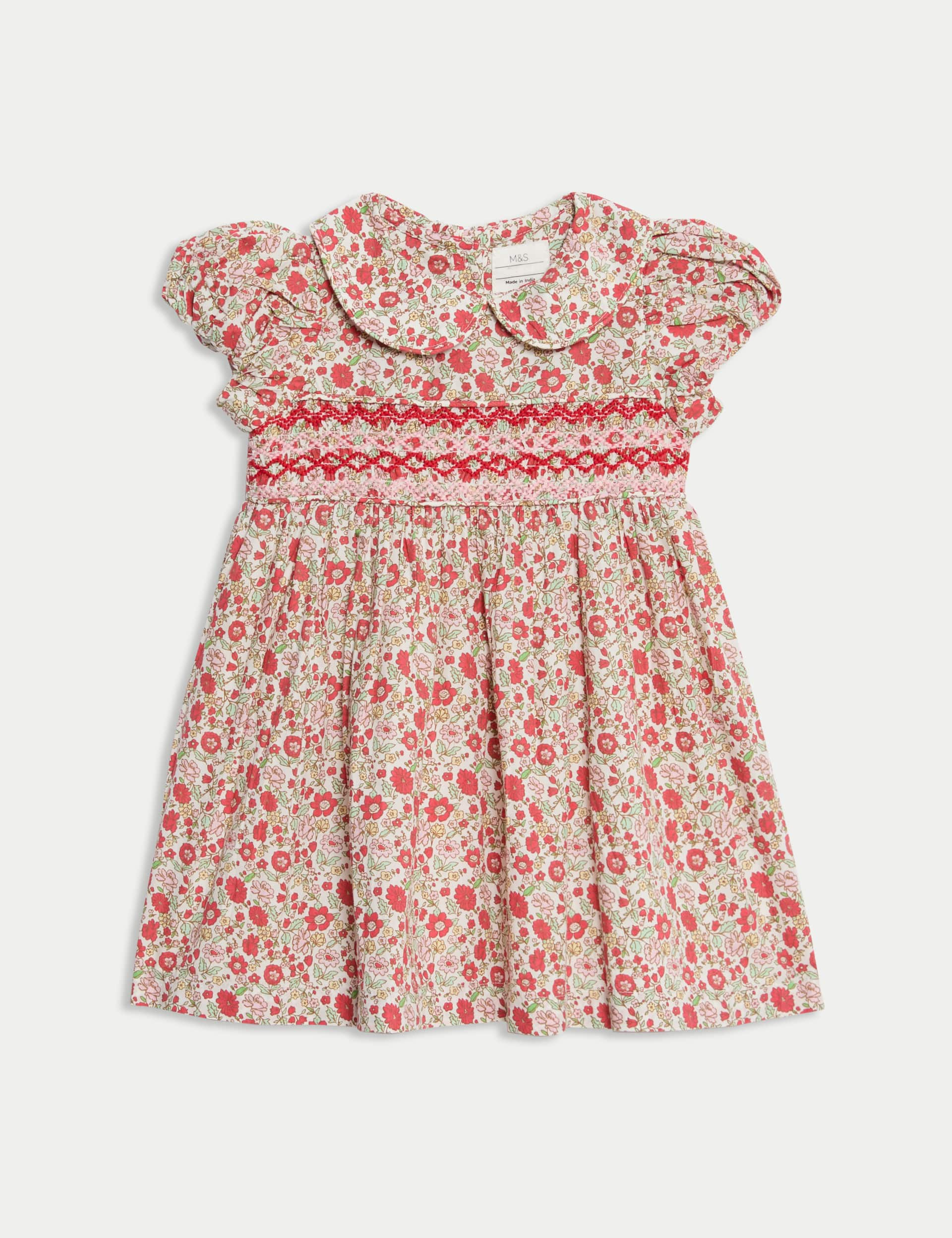 M&S Collection Girls Pure Cotton Floral Dress (0-3 Yrs) - 12-18 - Red, Blue,Red