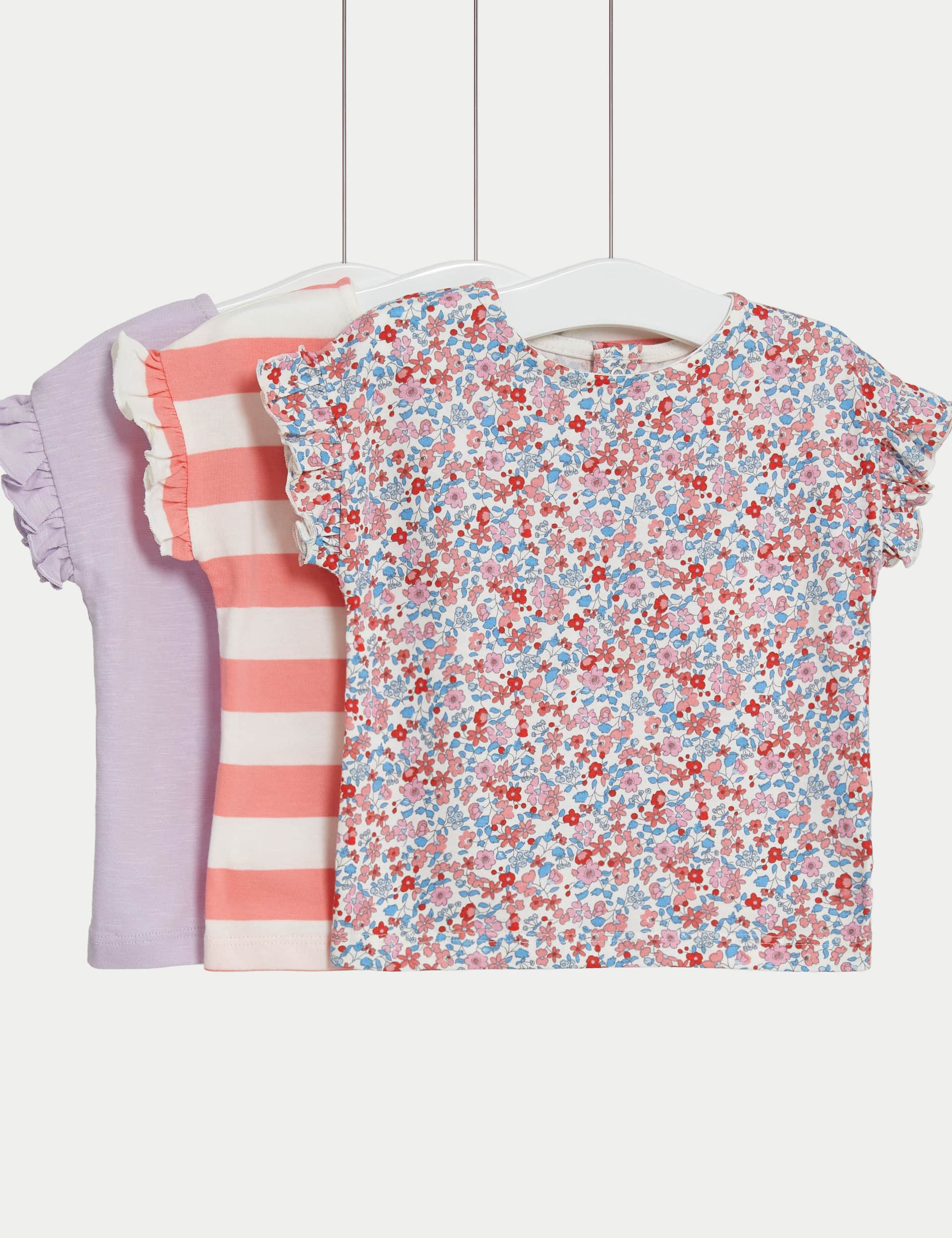 M&S Girls 3pk Pure Cotton Frill Sleeve T-Shirts (0-3 Yrs) - 3-6 M - Pink Mix, Pink Mix