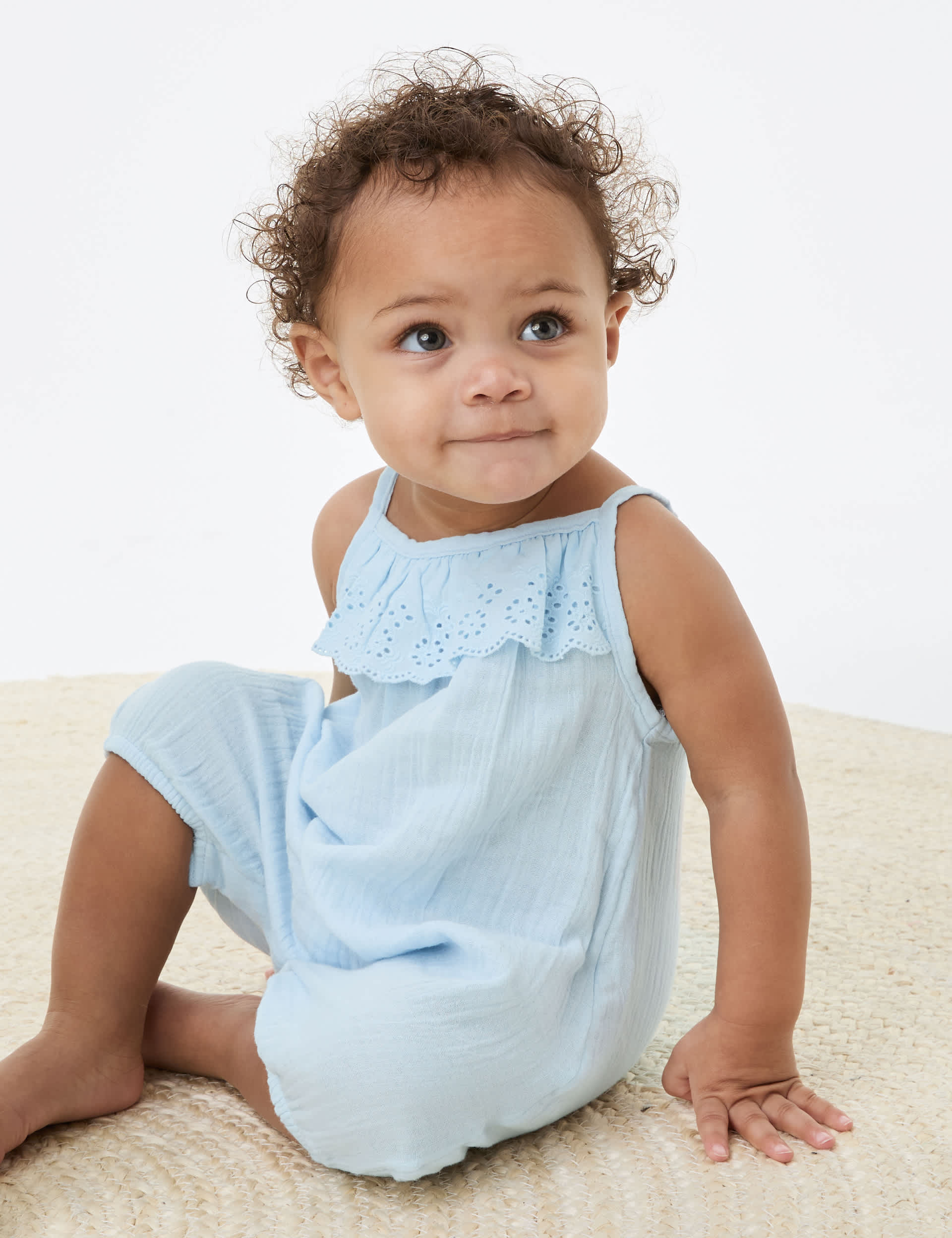 M&S Girls Pure Cotton Romper (0-3 Yrs) - 0-3 M - Pale Blue, Pale Blue,Green