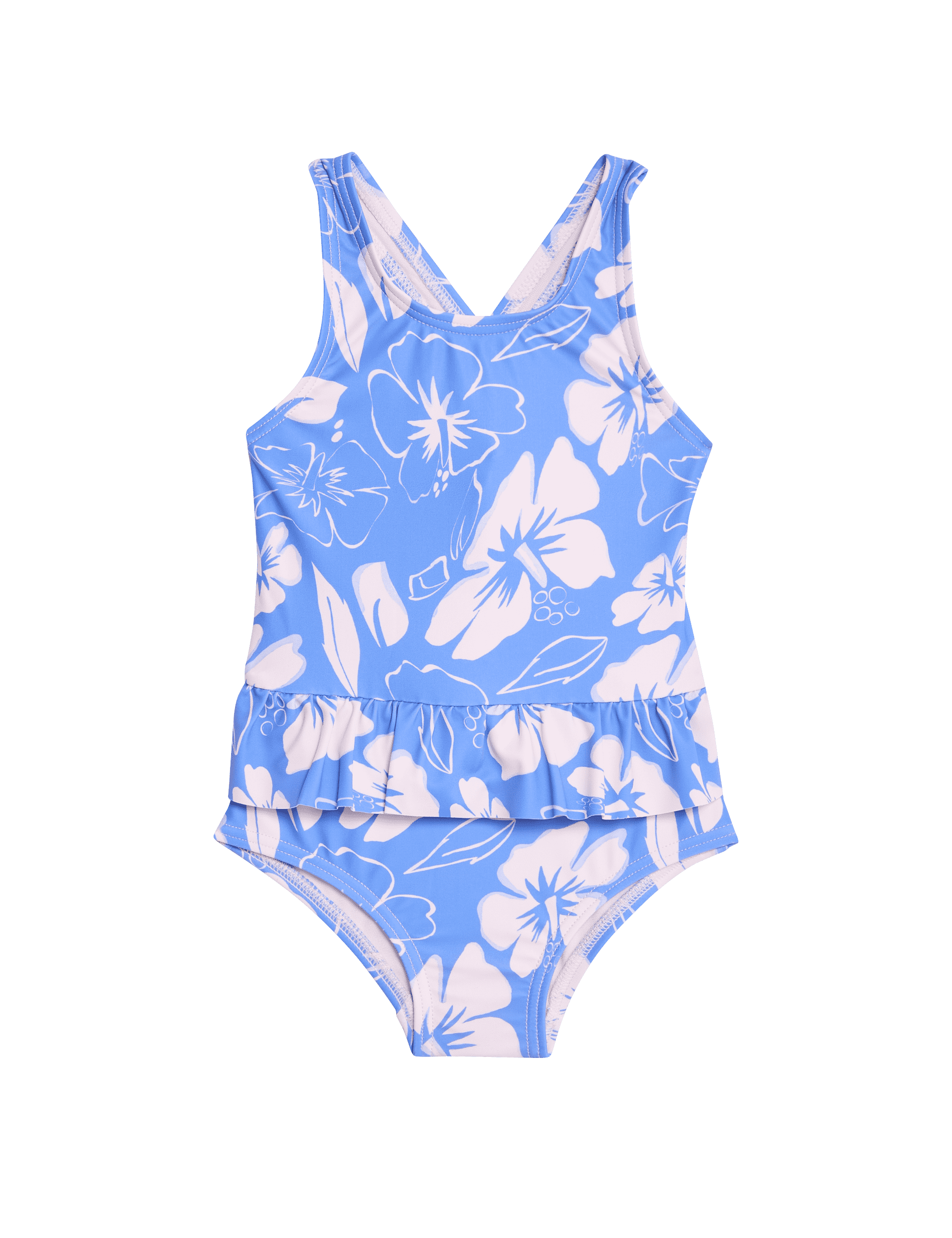 M&S Collection Girls Floral Frill Swimsuit (0-3 Yrs) - 12-18 - Blue Mix, Blue Mix