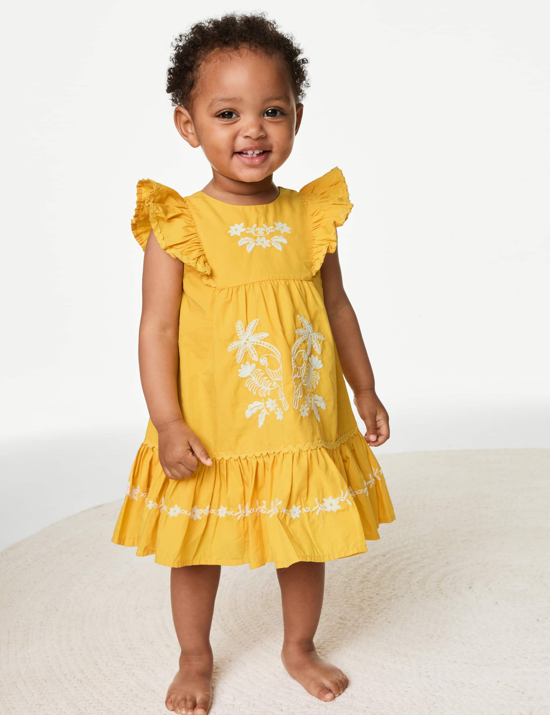 M&S Girls Pure Cotton Parrot Applique Dress (0-3 Yrs) - 3-6 M - Ochre, Ochre