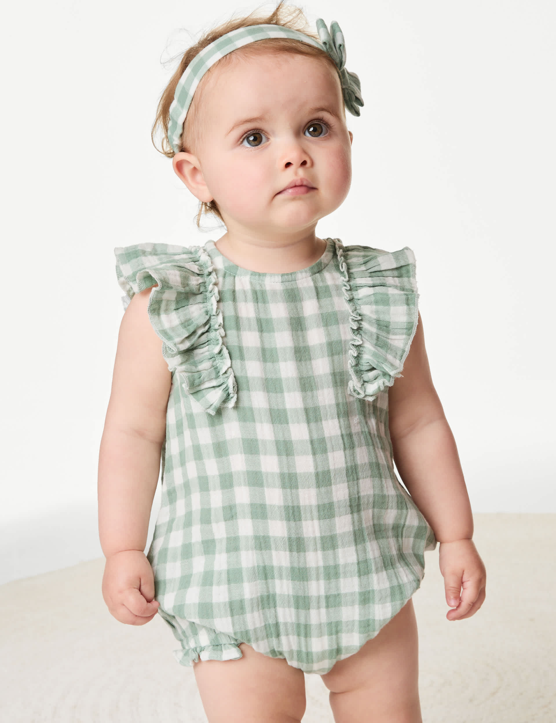 M&S Girls 2pc Pure Cotton Gingham Romper (0-3 Yrs) - 12-18 - Green Mix, Green Mix