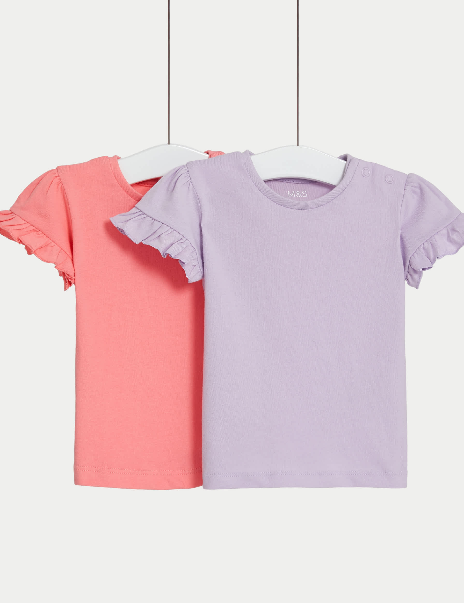 M&S Girls 2pk Pure Cotton Frill T-Shirts (0-3 Yrs) - 9-12M - Pink Mix, Pink Mix