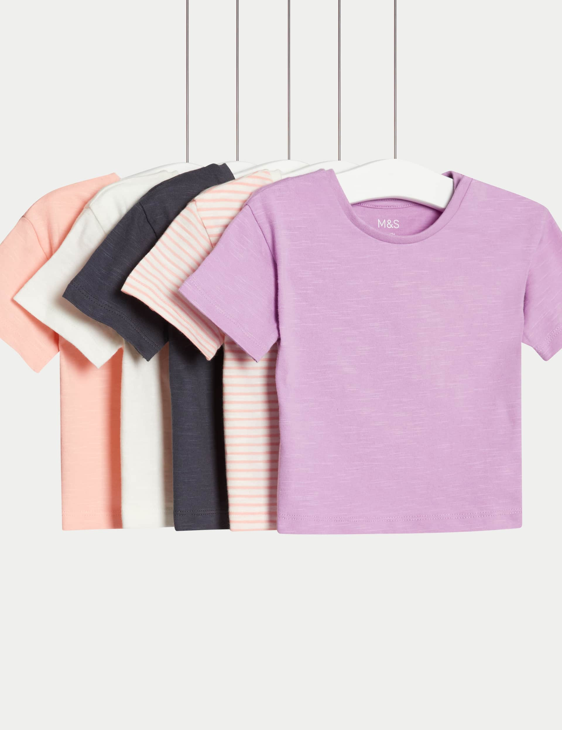 M&S Girls 5pk Pure Cotton Plain & Striped T-Shirts (0-3 Yrs) - 12-18 - Multi, Multi