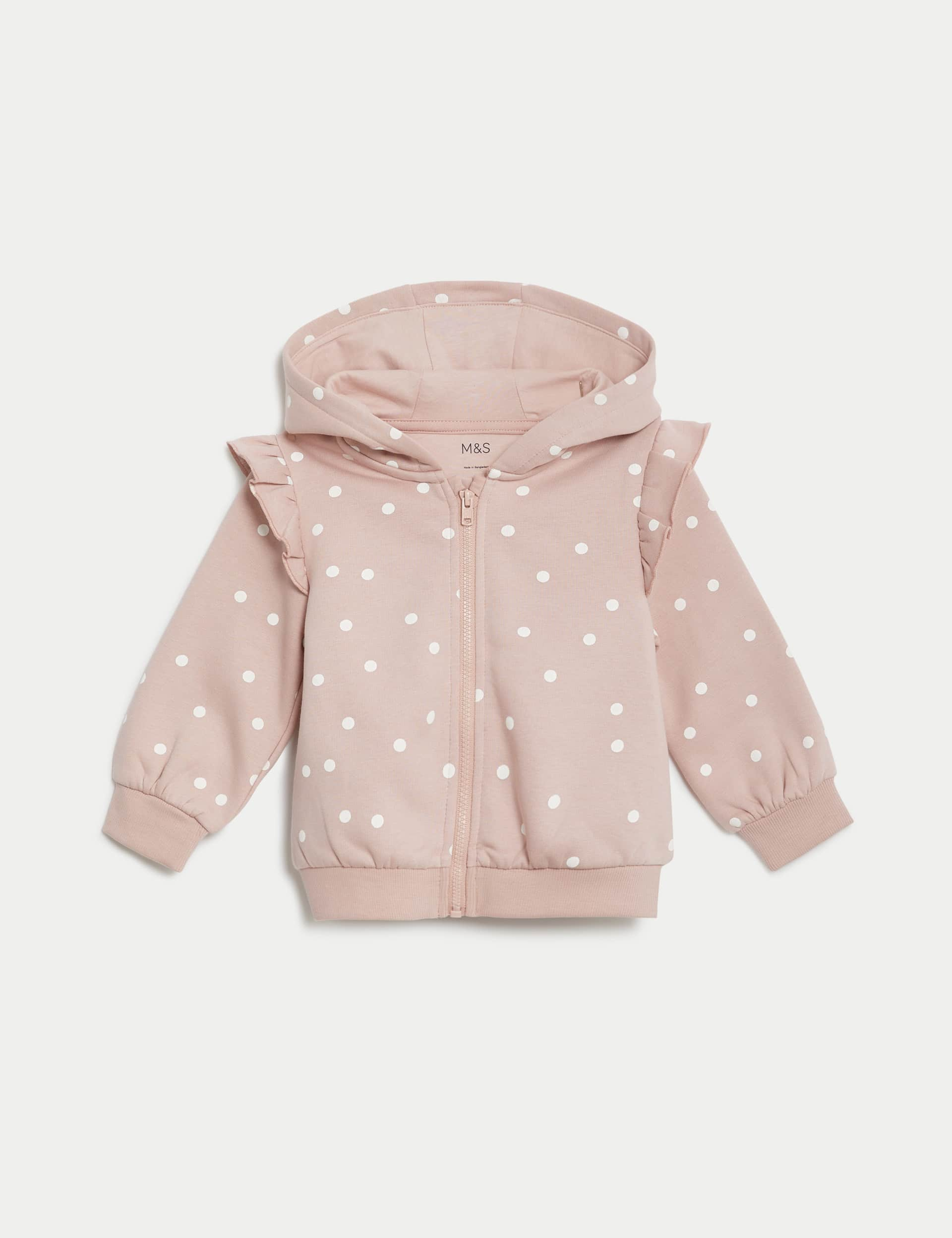 M&S Girls Cotton Rich Spot Hoodie (0-3 Yrs) - 12-18 - Pink Mix, Pink Mix