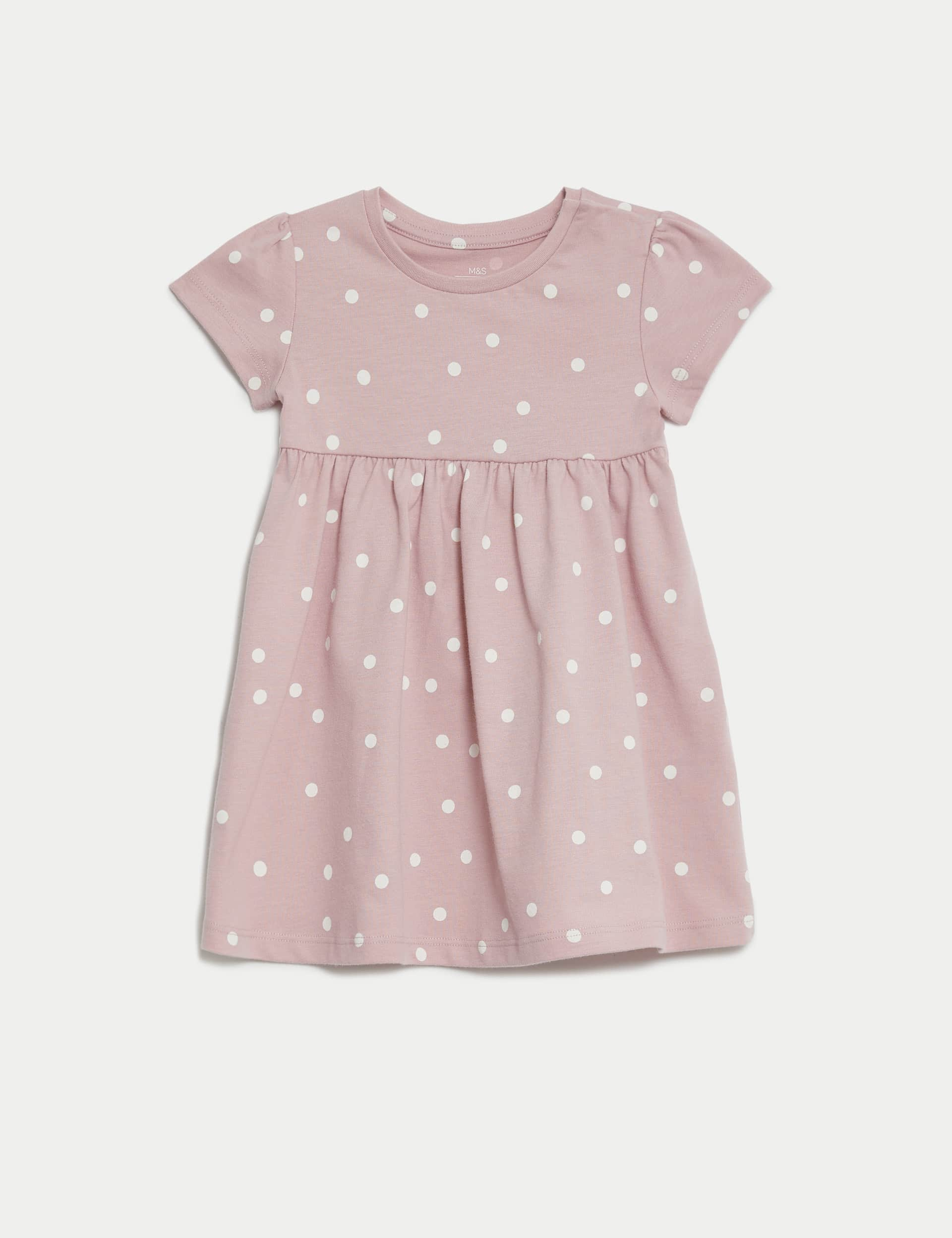 M&S Girls Pure Cotton Spot Dress (0-3 Yrs) - 12-18 - Pink Mix, Pink Mix