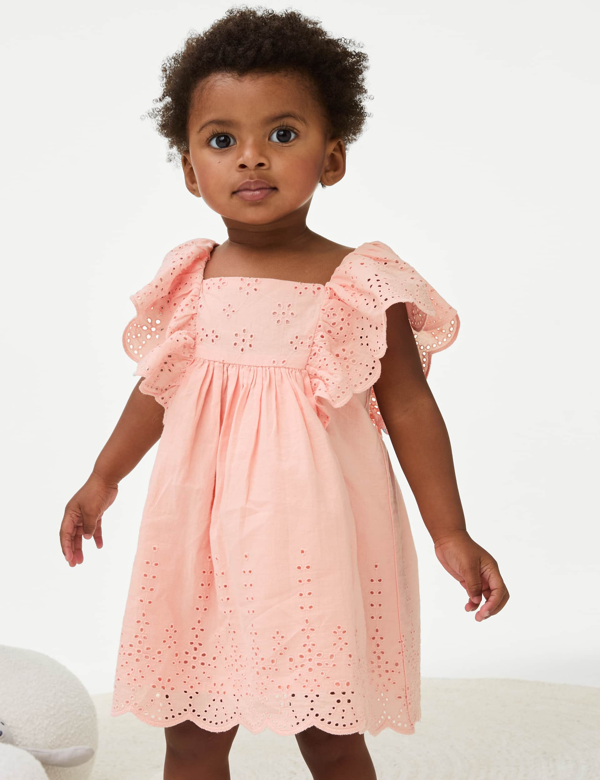 M&S Girls 2pc Pure Cotton Dress Outfit (0-3 Yrs) - 12-18 - Coral, Coral,Cream