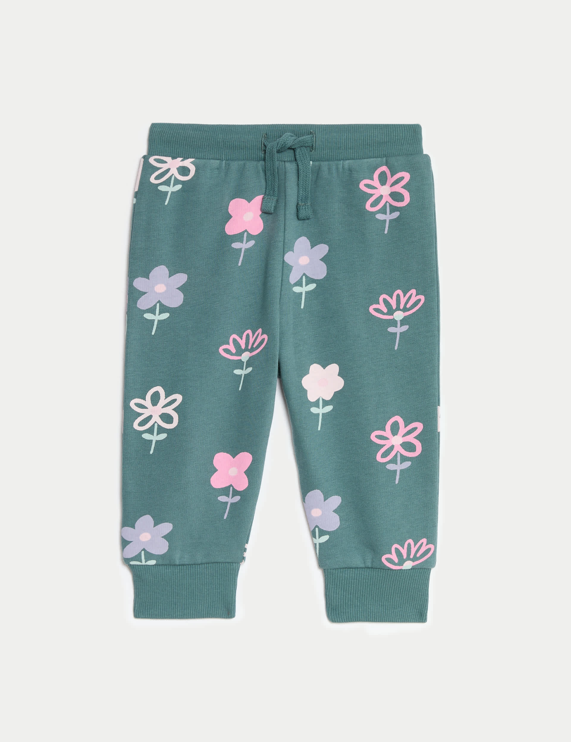 M&S Girls Cotton Rich Floral Joggers (0-3 Yrs) - 12-18 - Green Mix, Green Mix