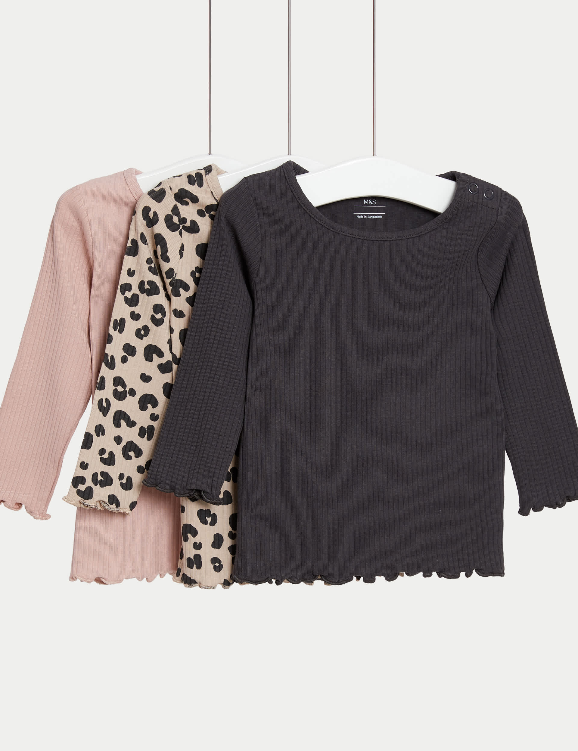 M&S Girls 3pk Cotton Rich Leopard Print & Plain Tops (0-3 Yrs)