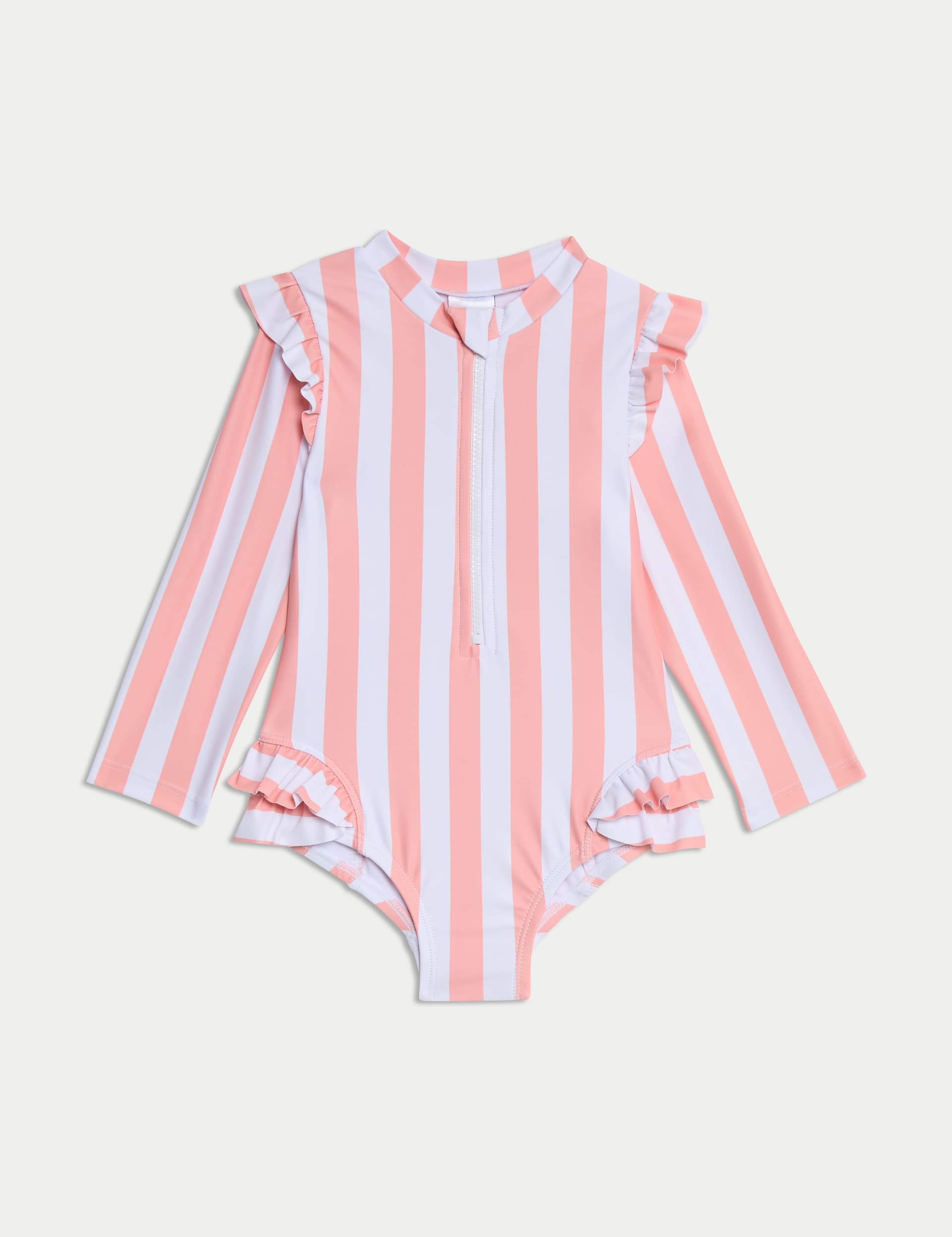 M&S Girls Stripe Frill Long Sleeve Swimsuit (0-3 Yrs) - 12-18 - Pink Mix, Pink Mix