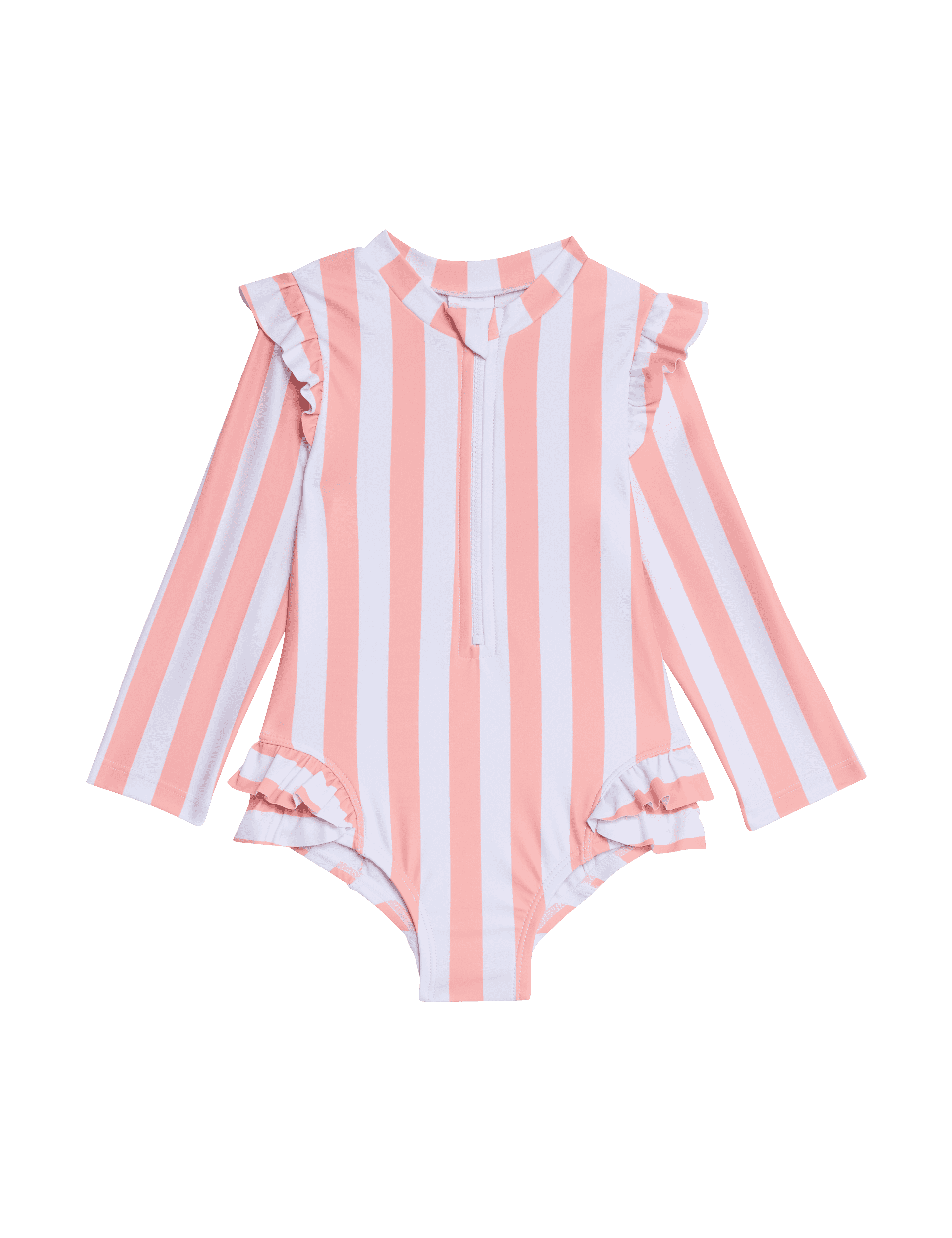 M&S Collection Girls Stripe Frill Long Sleeve Swimsuit (0-3 Yrs) - 12-18 - Pink Mix, Pink Mix