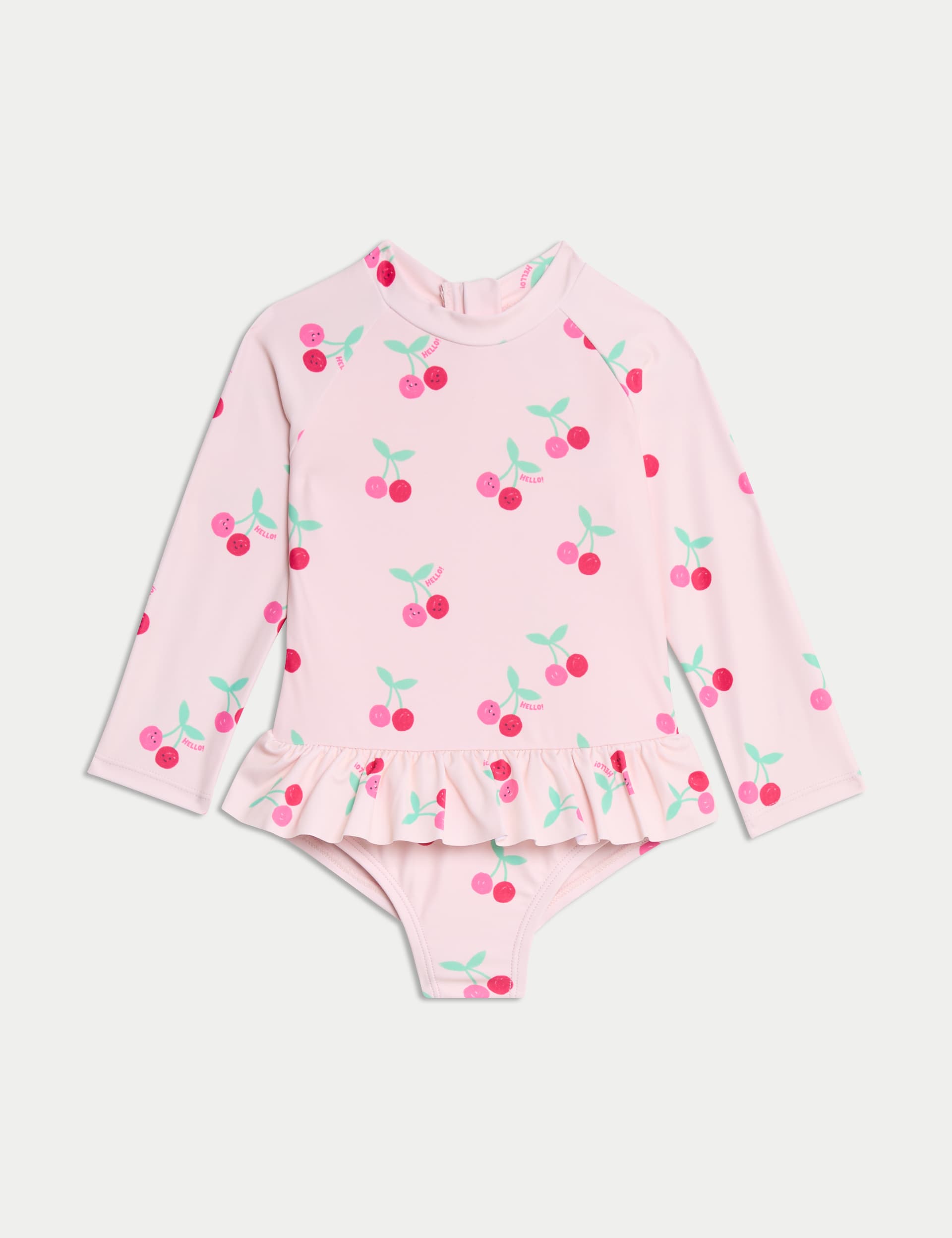 M&S Collection Girls Cherry Frill Long Sleeve Swimsuit (0-6 Yrs) - 12-18 - Pink, Pink