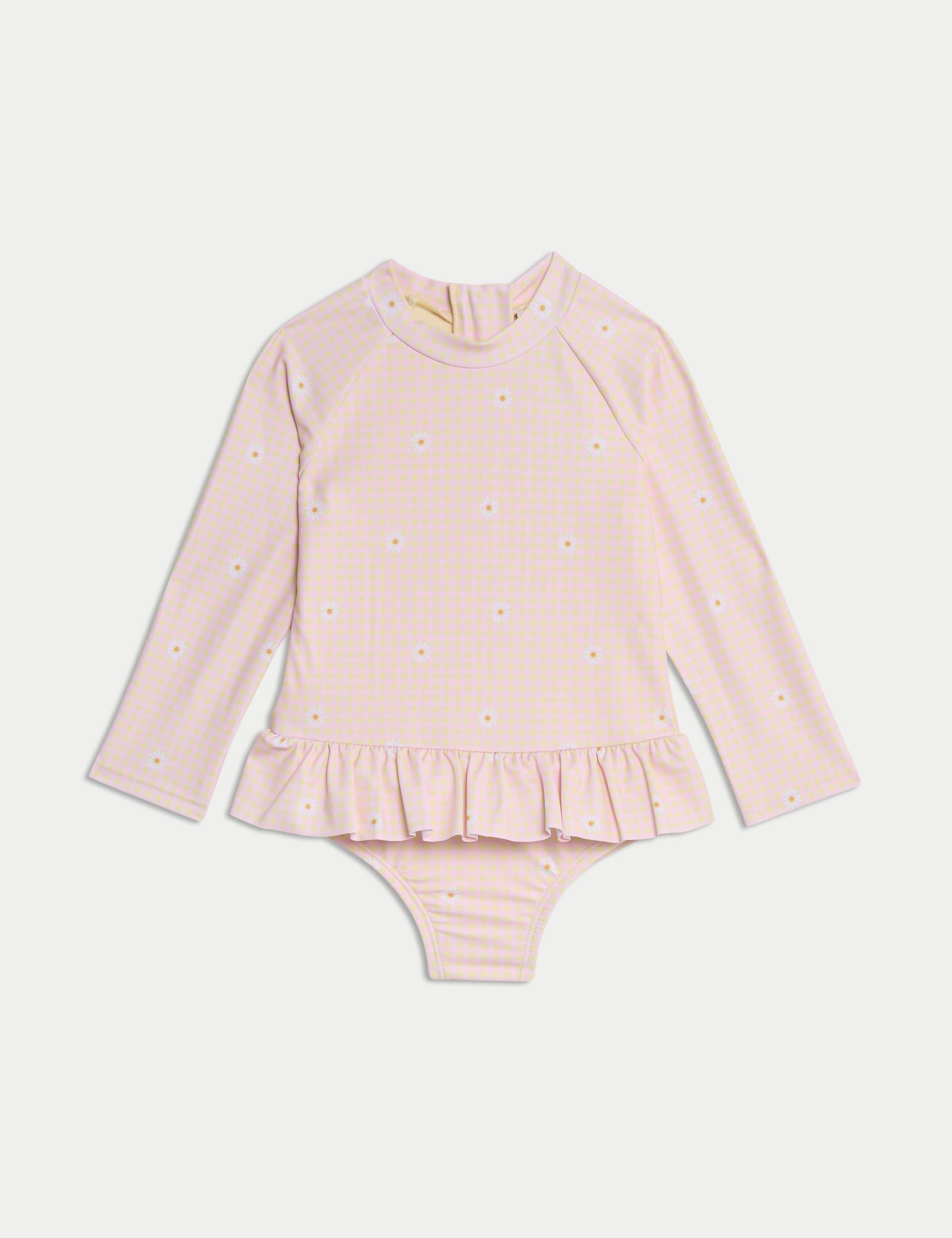 M&S Girls Gingham Floral Frill Long Sleeve Swimsuit (0-3 Yrs) - 12-18 - Yellow Mix, Yellow Mix