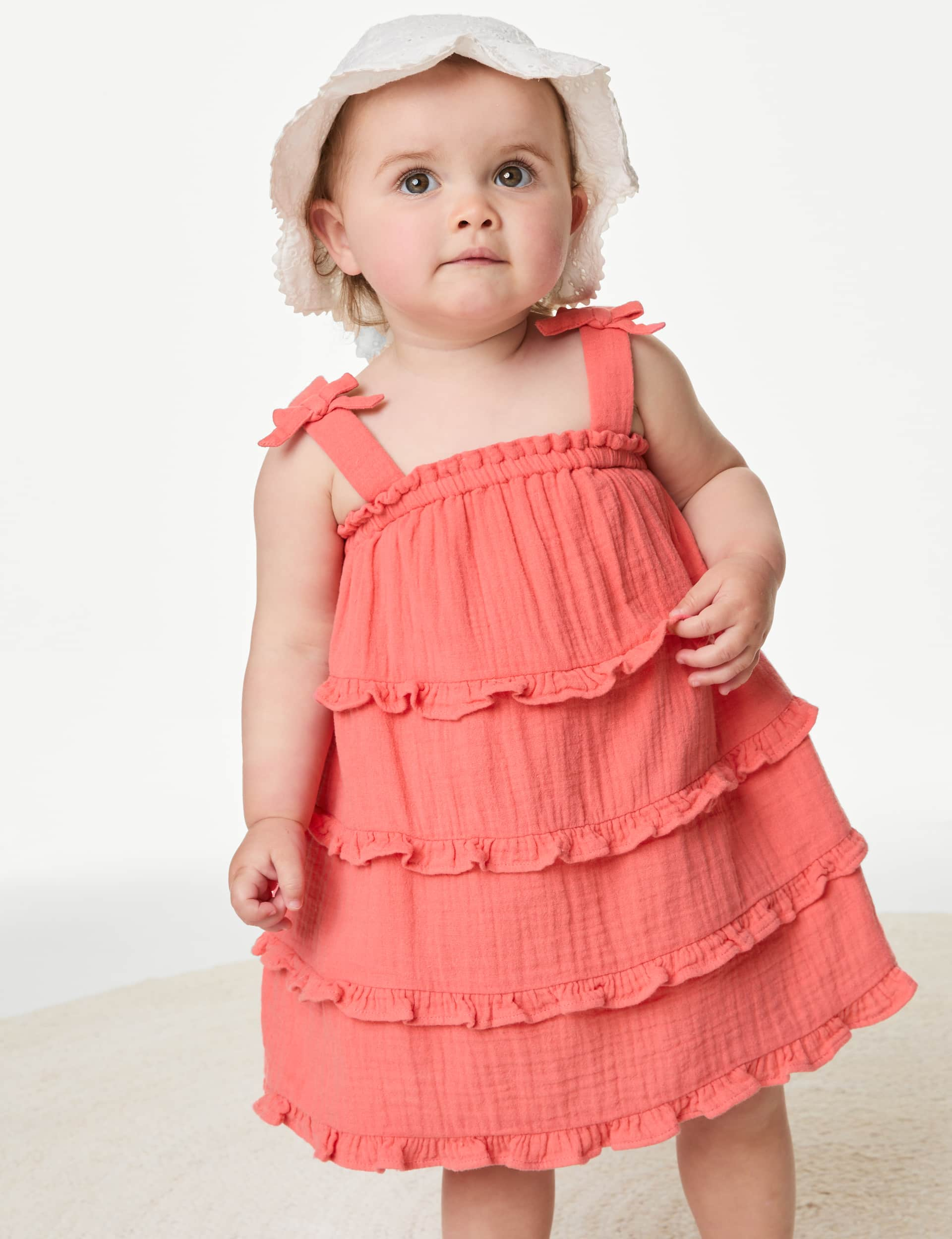 M&S Girls Pure Cotton Tiered Dress (0-3 Yrs) - 3-6 M - Coral, Coral