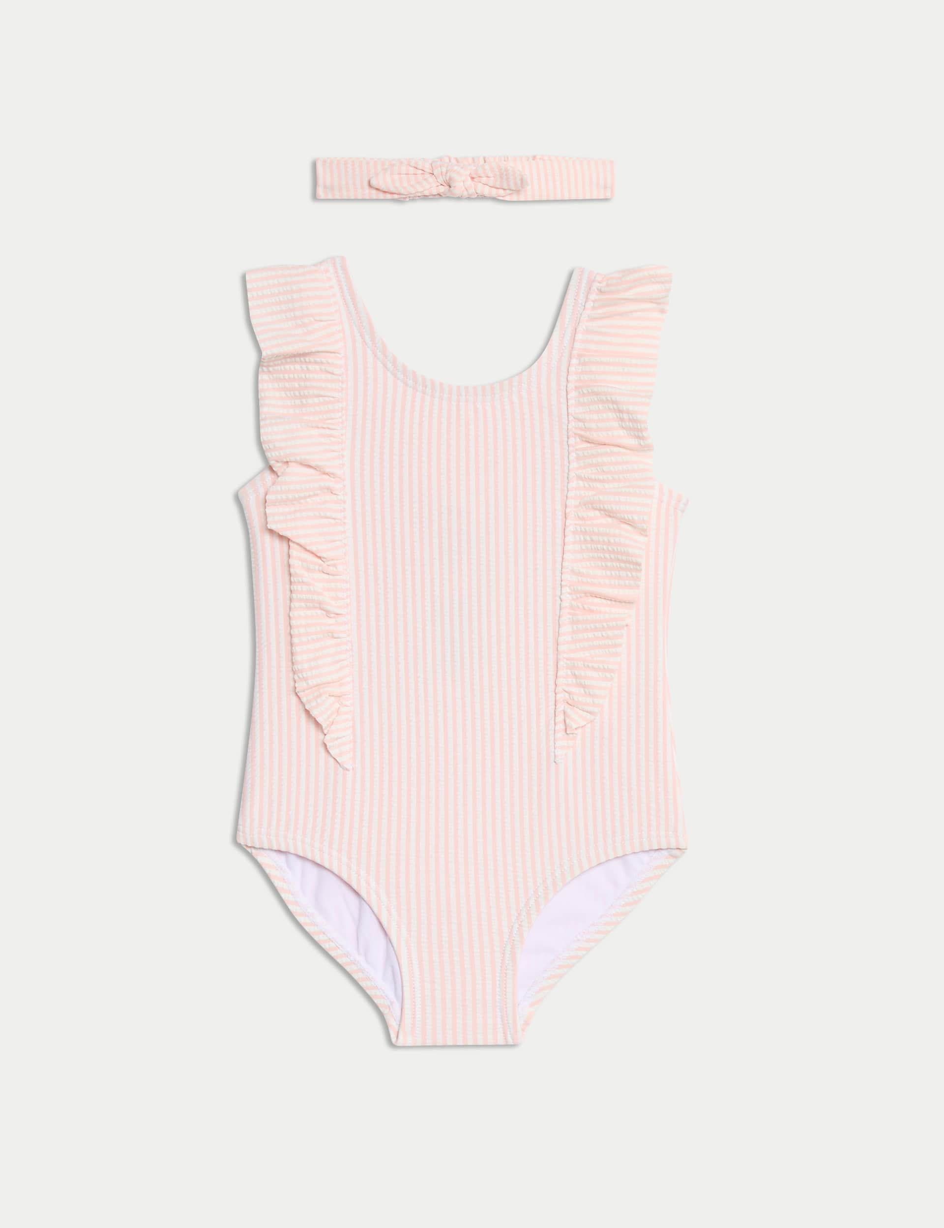 M&S Collection Girls 2pc Striped Seersucker Swimsuit & Headband (0 Mths-6 Yrs) - 12-18 - Pink Mix, P