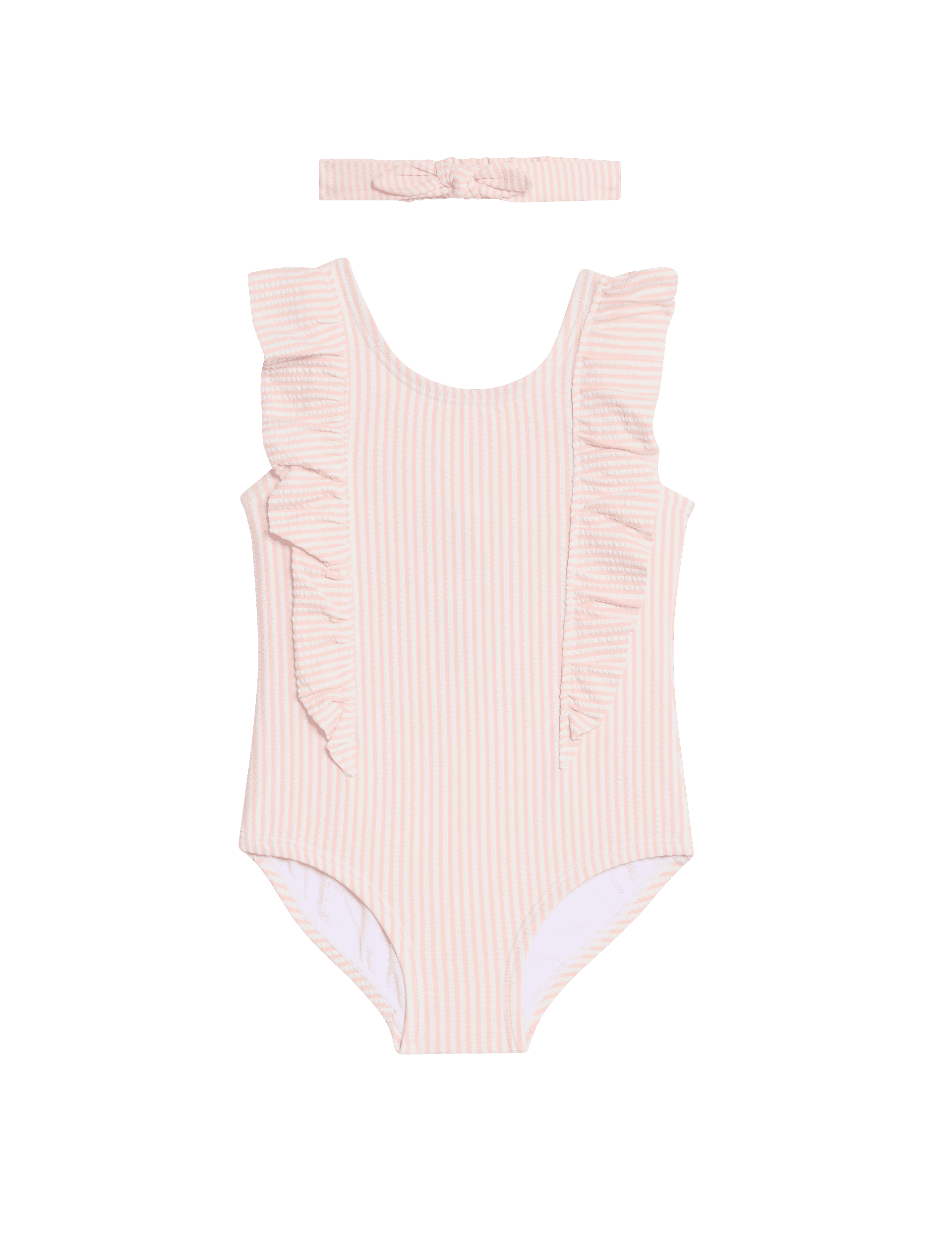 M&S Collection Girls 2pc Striped Seersucker Swimsuit & Headband (0 Mths-6 Yrs) - 12-18 - Pink Mix, P