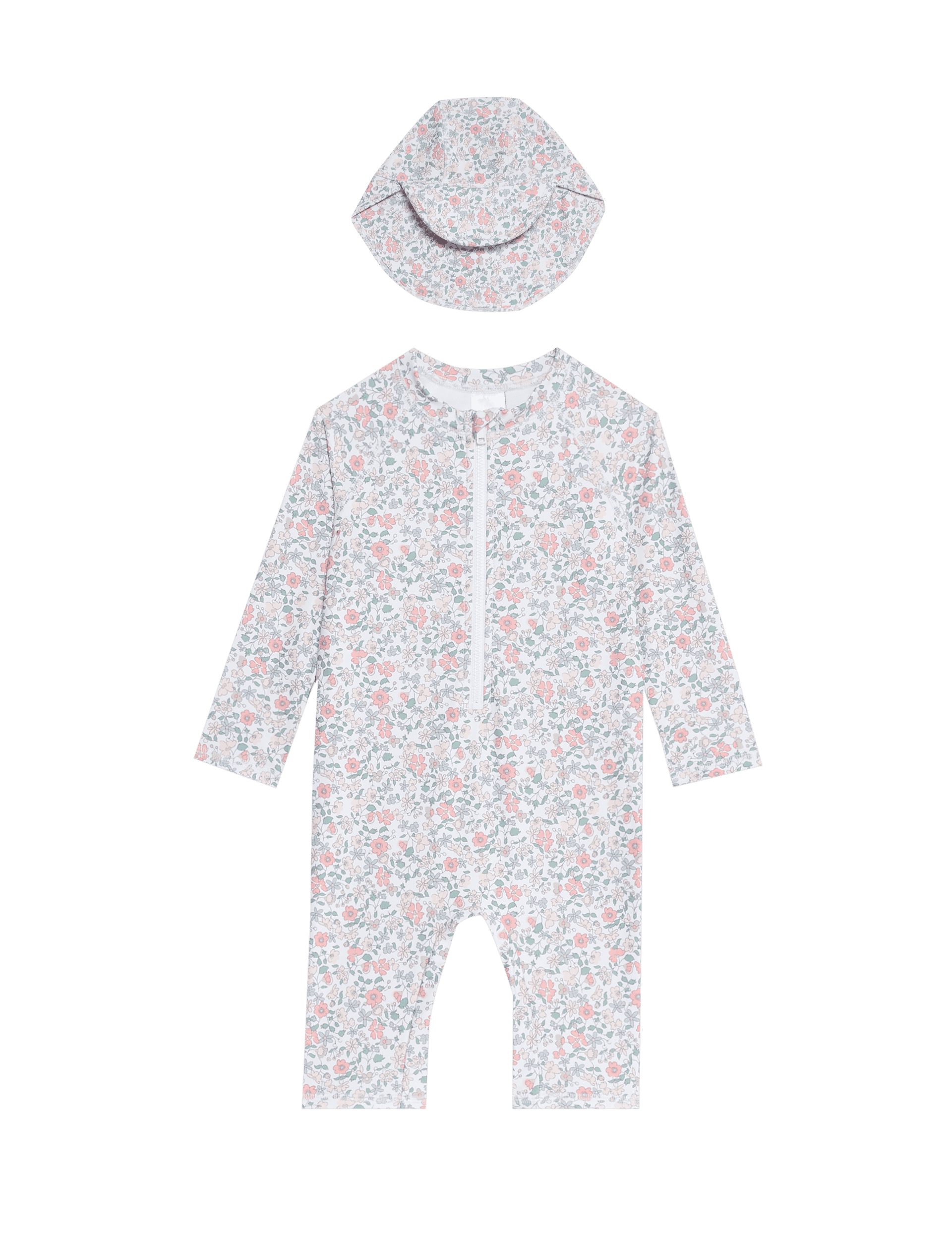 M&S Collection Girls 2pc Sunsafe Floral Swimsuit & Hat Set (0-6 Yrs) - 12-18 - Ivory Mix, Ivory Mix