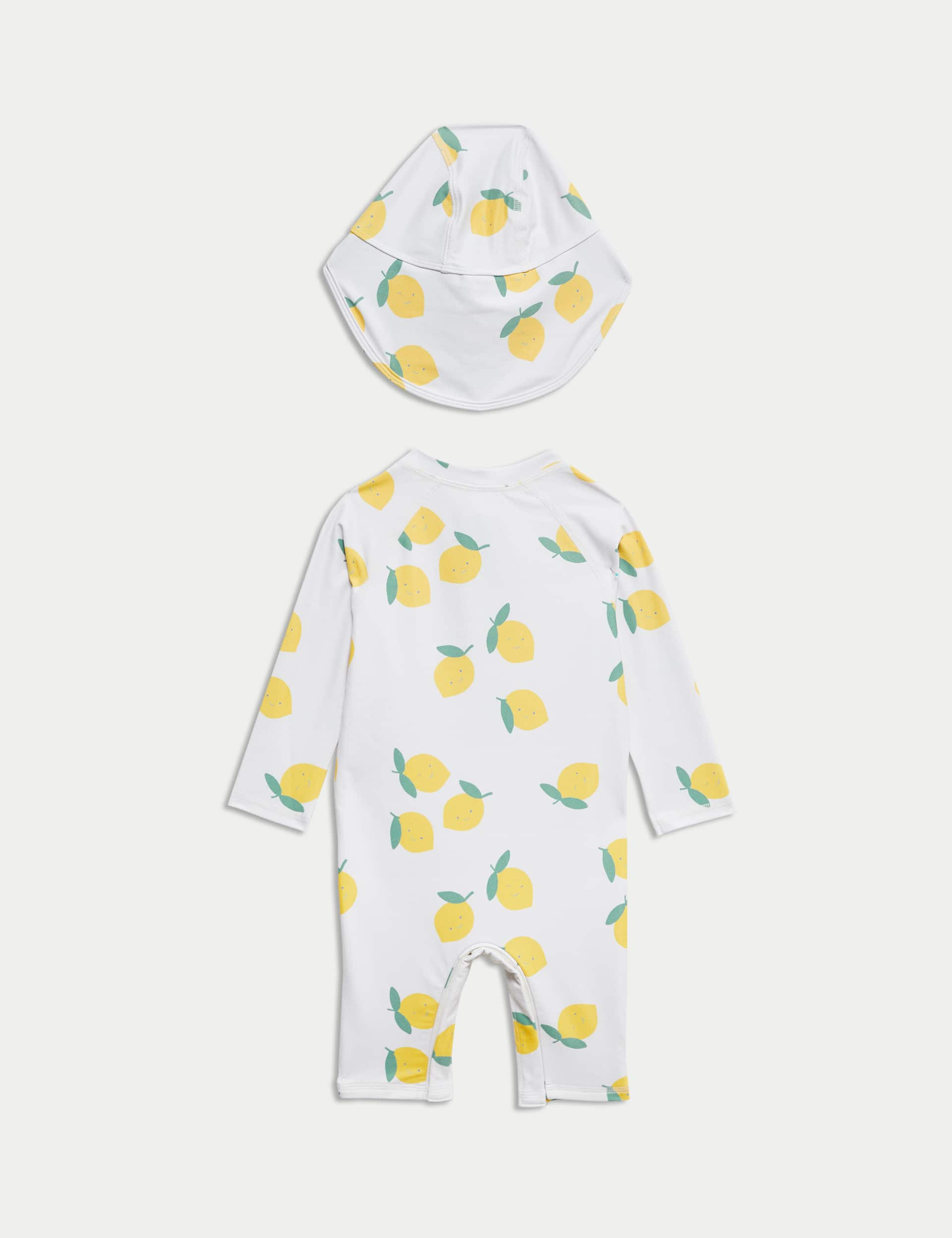 M&S Collection Girls 2pc Sunsafe Lemon Print Swimsuit & Hat Set (0-3 Yrs) - 18-24 - Ecru Mix, Ecru M