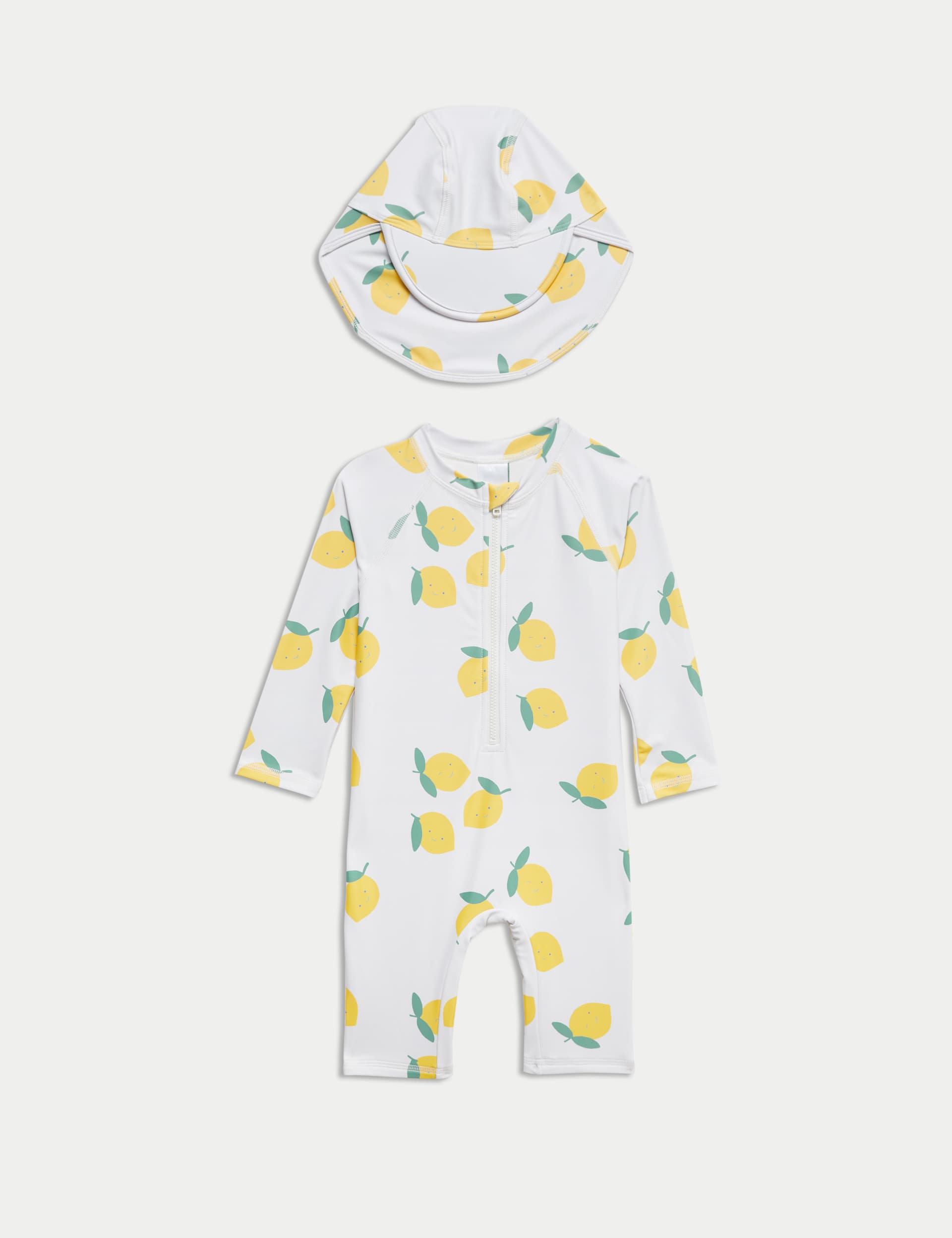 M&S Collection Girls 2pc Sunsafe Lemon Print Swimsuit & Hat Set (0-3 Yrs) - 12-18 - Ecru Mix, Ecru M