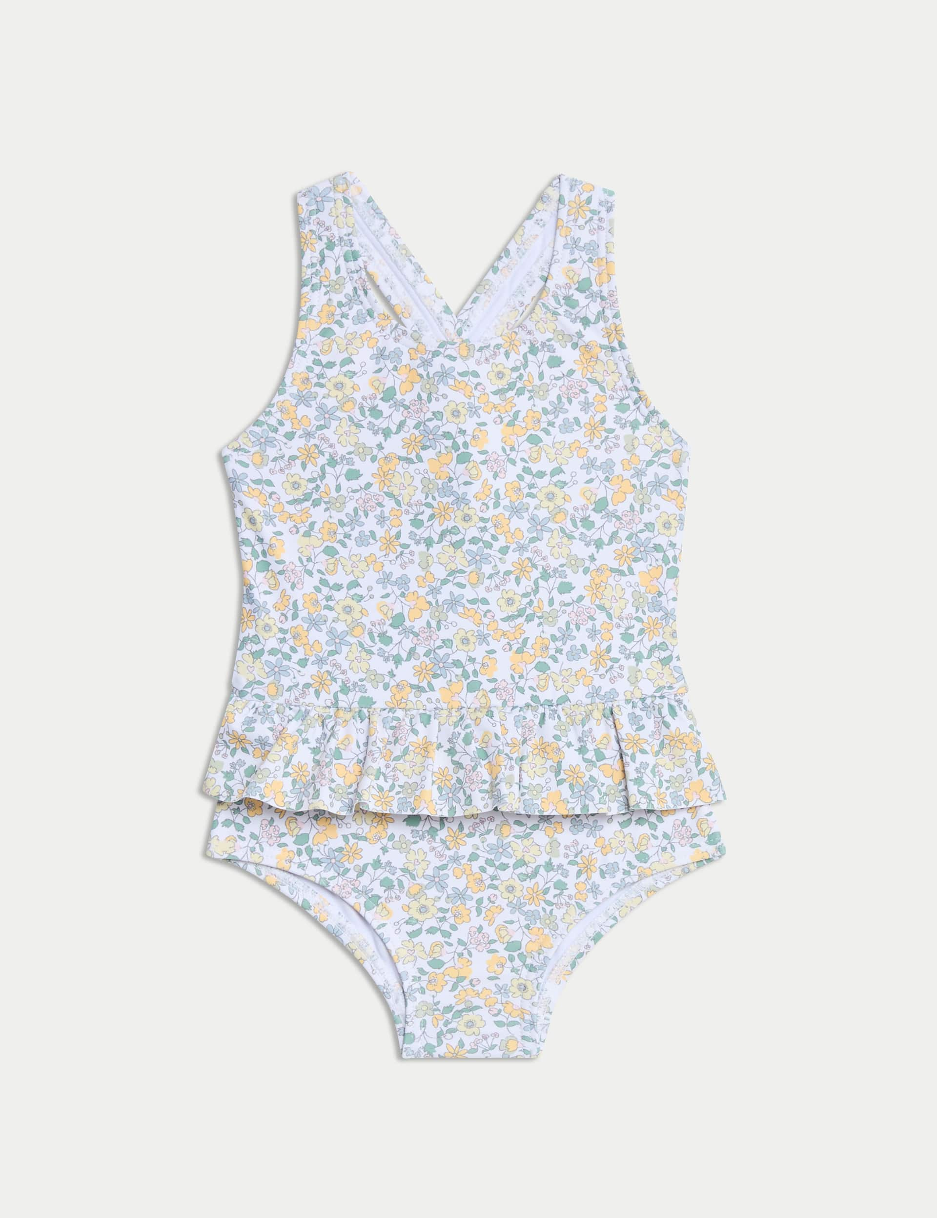 M&S Collection Girls Ditsy Print Frill Swimsuit (0-3 Yrs) - 12-18 - Ivory Mix, Ivory Mix