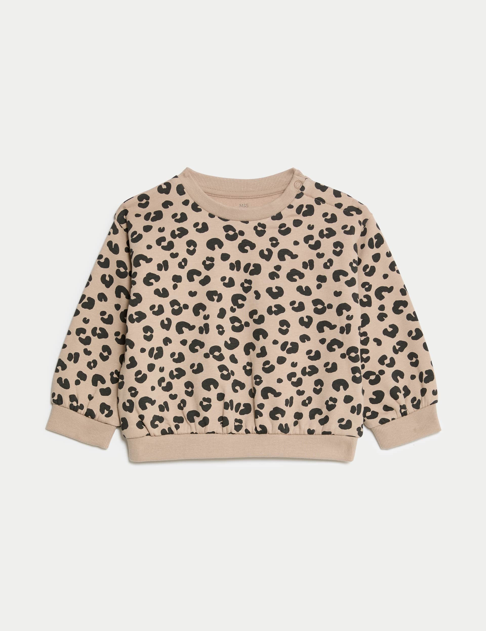 M&S Girls Cotton Rich Leopard Print Sweatshirt (0-8 Yrs) - 12-18 - Brown Mix, Brown Mix